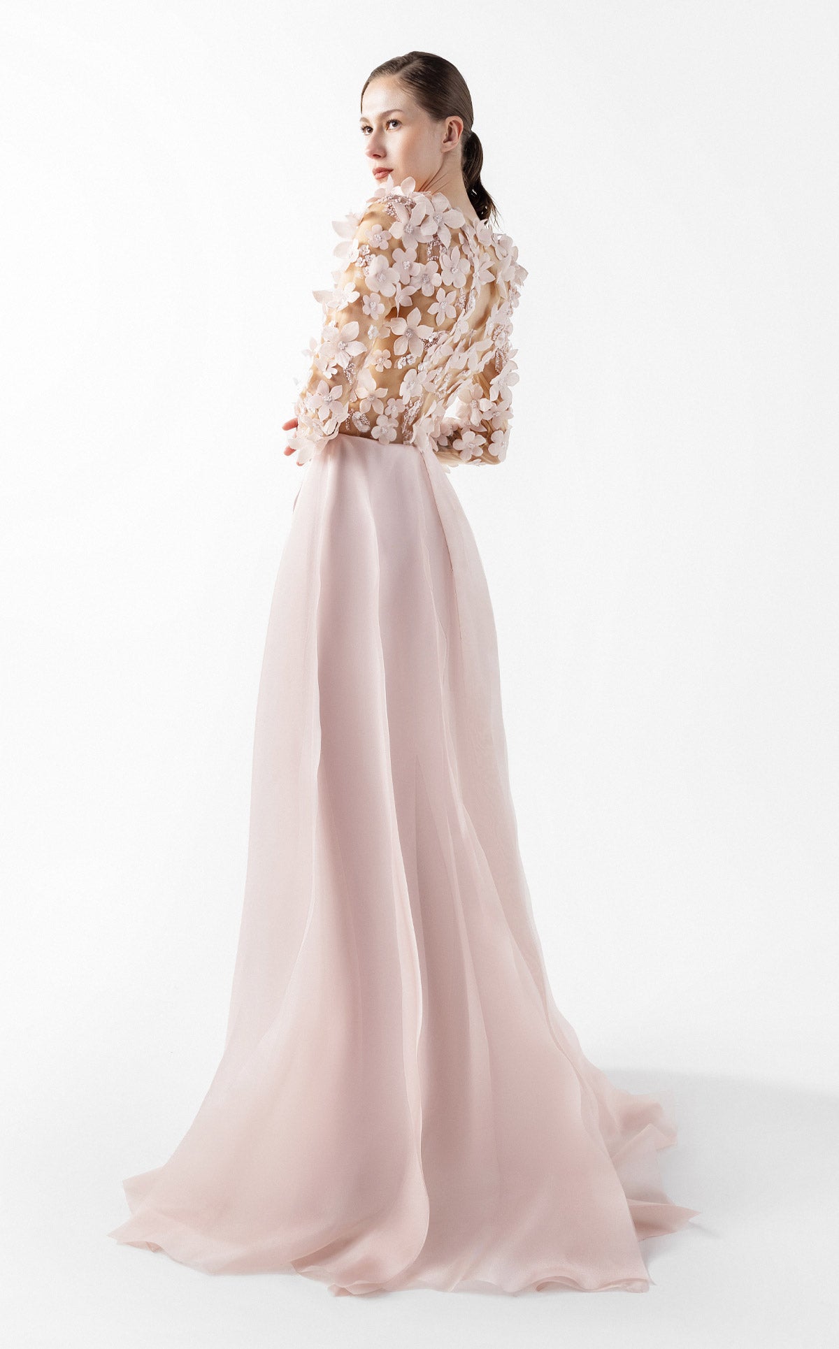 Ethereal Pink Floral Illusion Gown with Fluid Envelope Skirt G2035