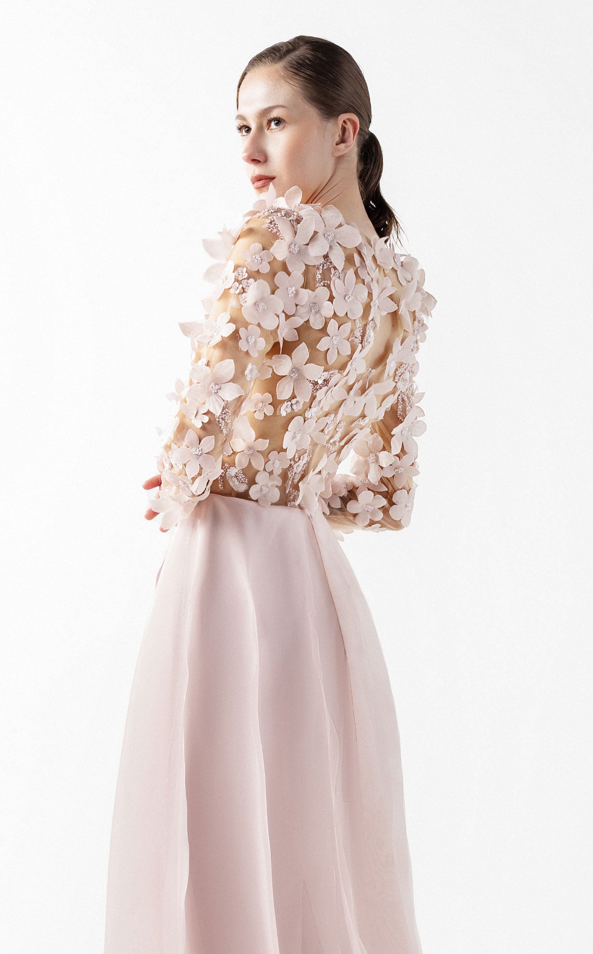 Ethereal Pink Floral Illusion Gown with Fluid Envelope Skirt G2035