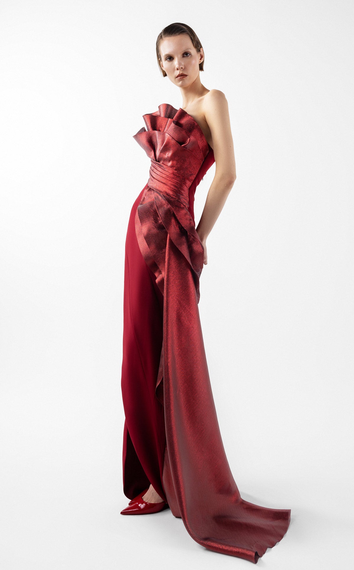 Exquisite Sculptural Burgundy Gown With Layered Lamé Organza Bodice G2037