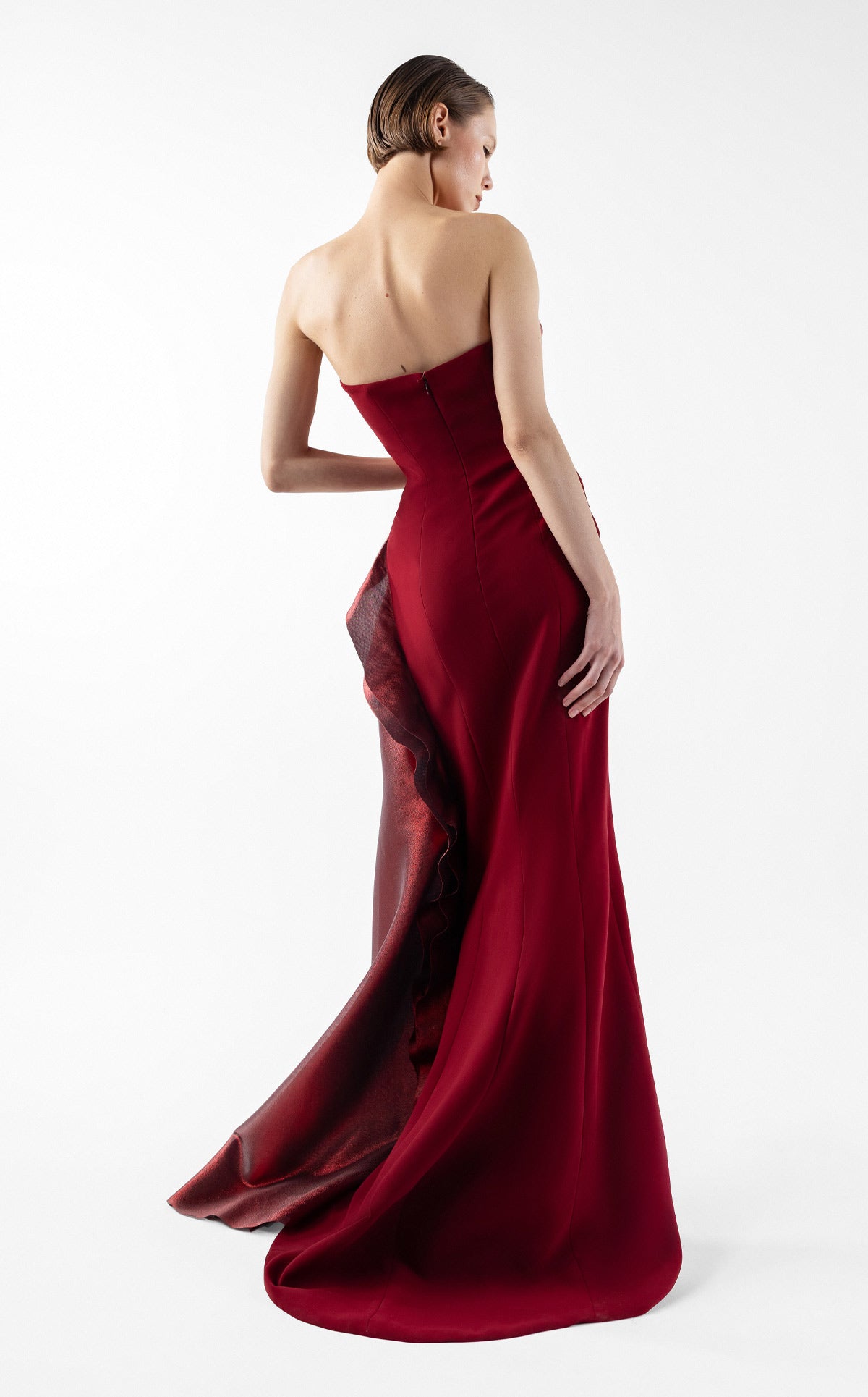Exquisite Sculptural Burgundy Gown With Layered Lamé Organza Bodice G2037