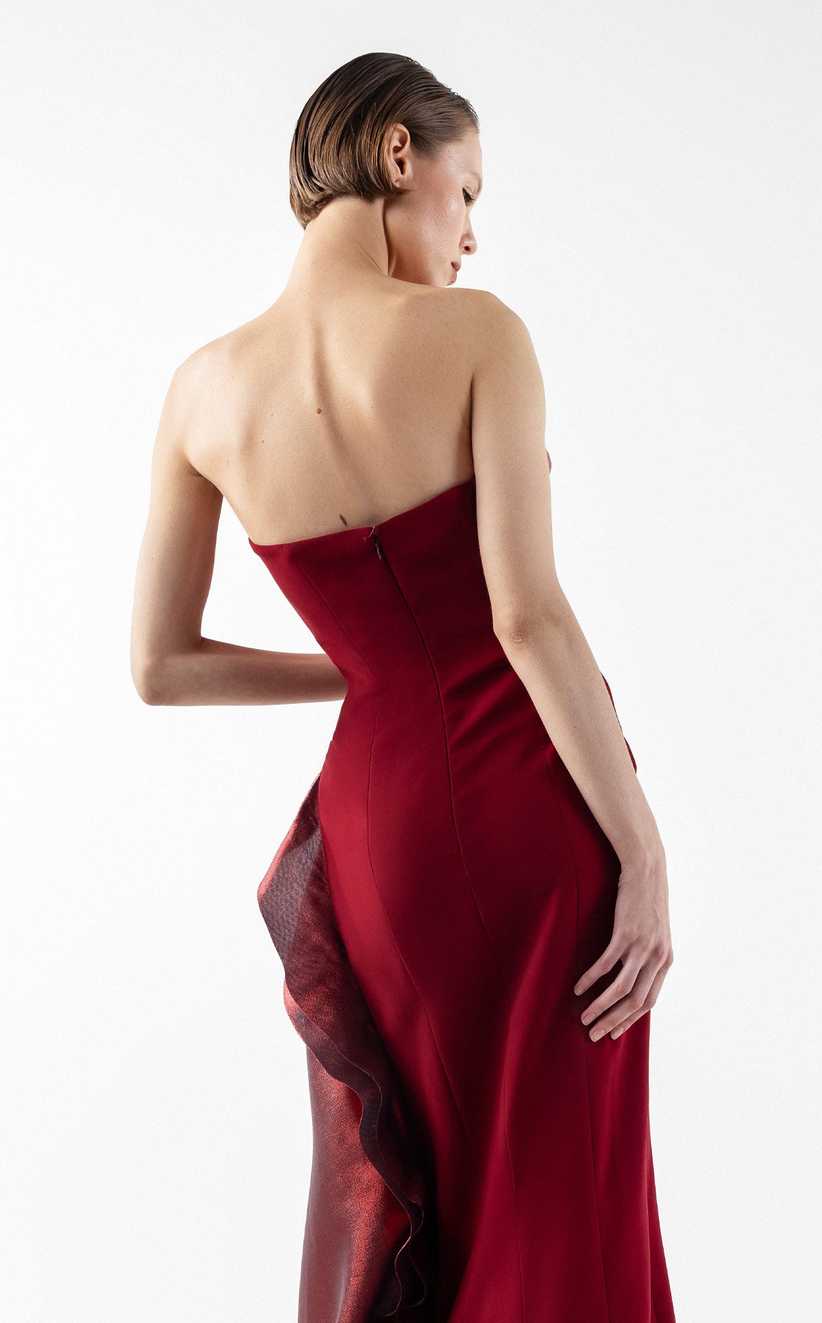 Exquisite Sculptural Burgundy Gown With Layered Lamé Organza Bodice G2037