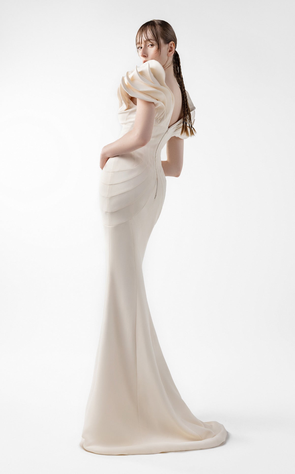 Cream Crepe Gown with Architectural Sleeves and Sculpted Lines G2039