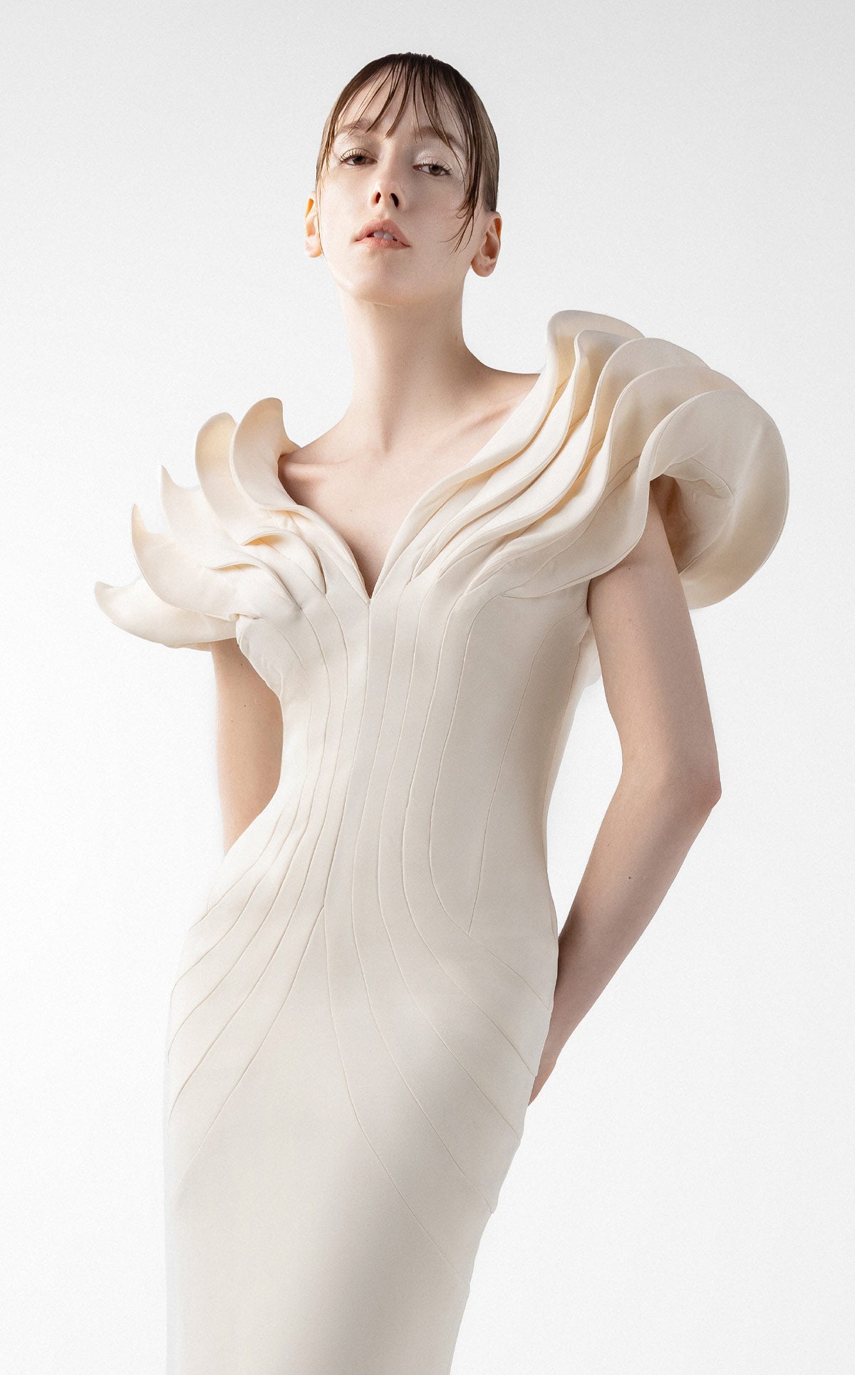 Cream Crepe Gown with Architectural Sleeves and Sculpted Lines G2039