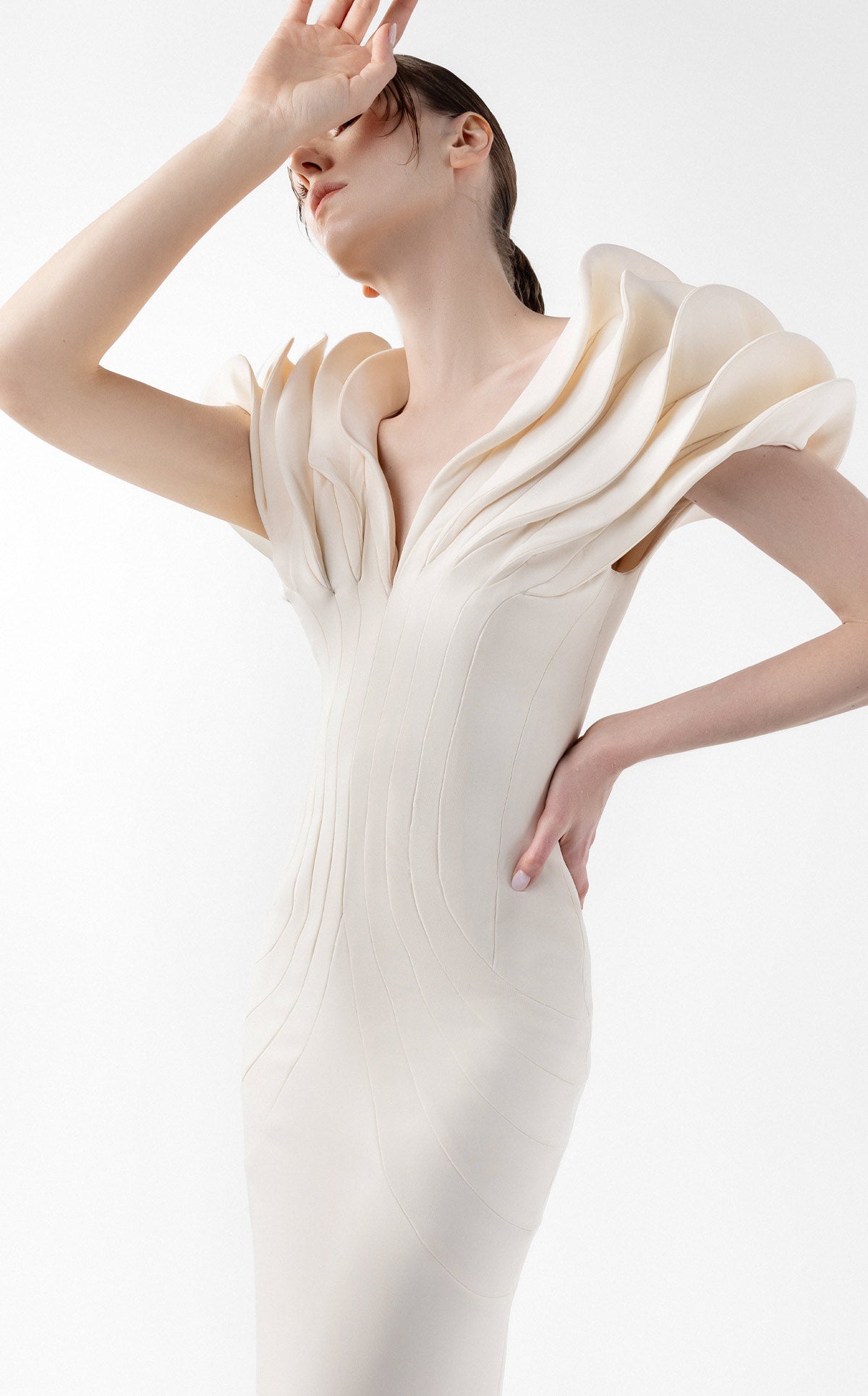 Cream Crepe Gown with Architectural Sleeves and Sculpted Lines G2039