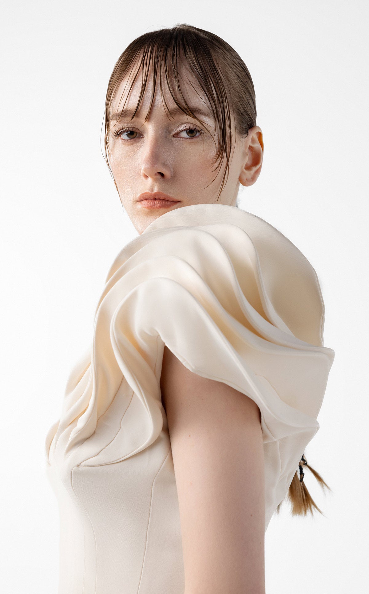 Cream Crepe Gown with Architectural Sleeves and Sculpted Lines G2039