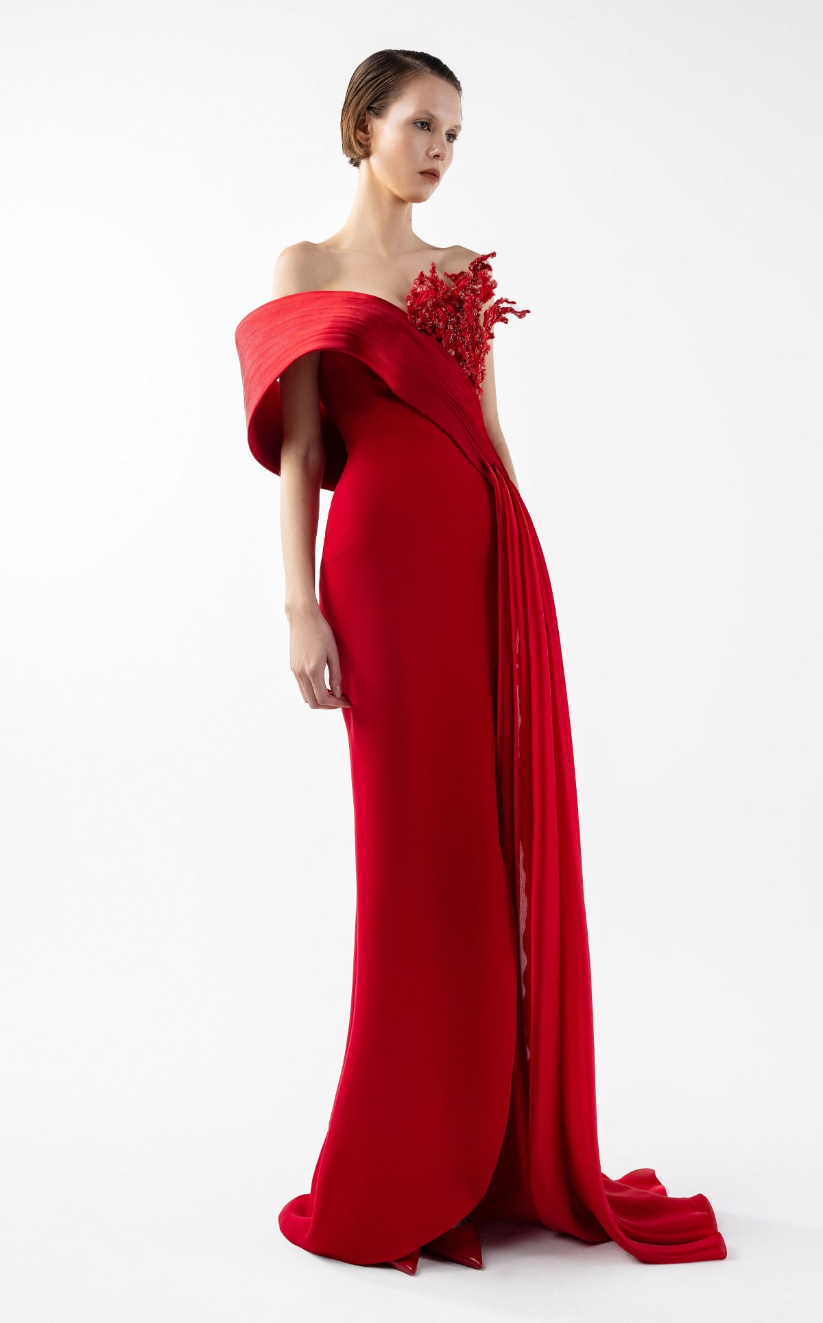Crimson Gown with Sculpted Organza Off-Shoulder and Beaded Flame Bloom G2040