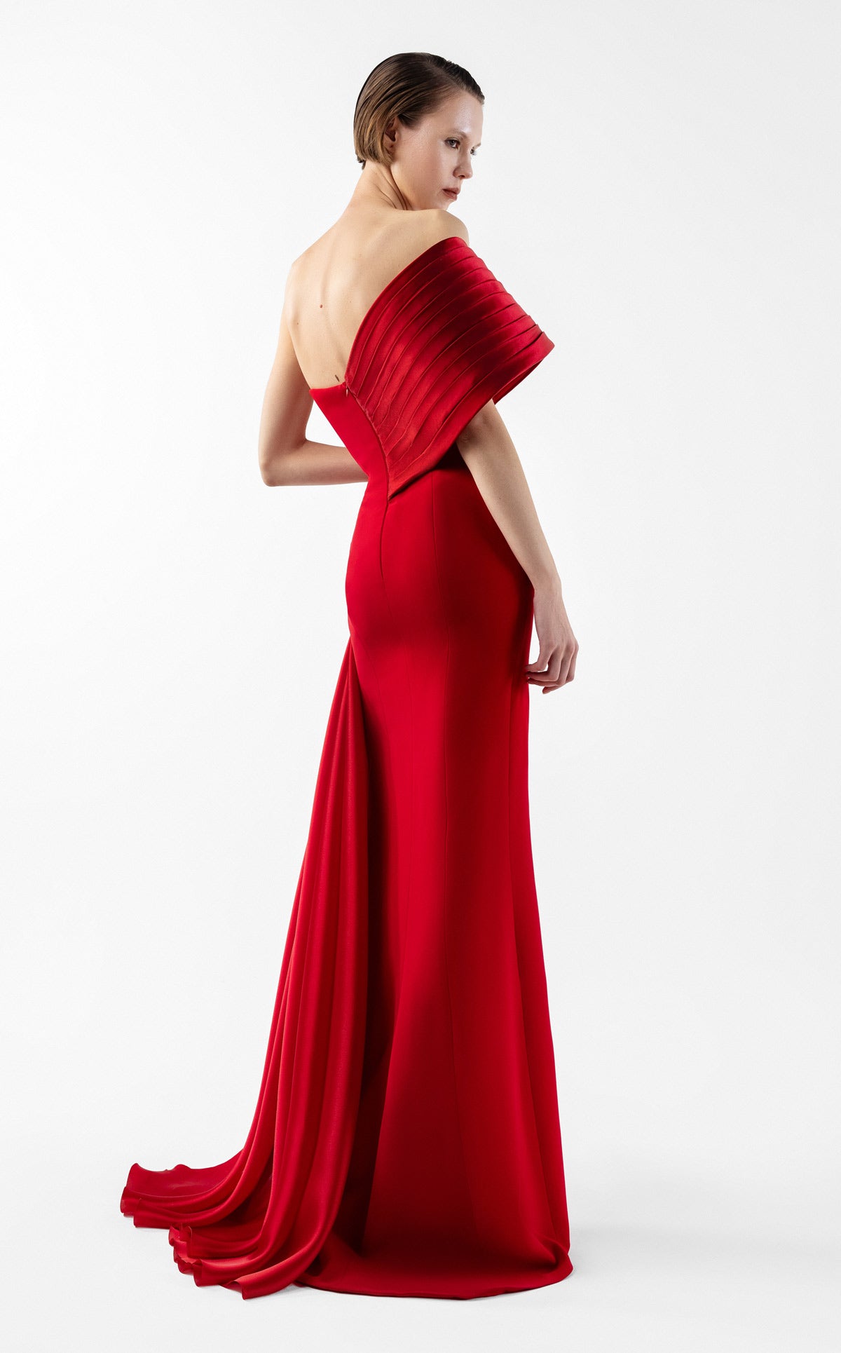 Crimson Gown with Sculpted Organza Off-Shoulder and Beaded Flame Bloom G2040