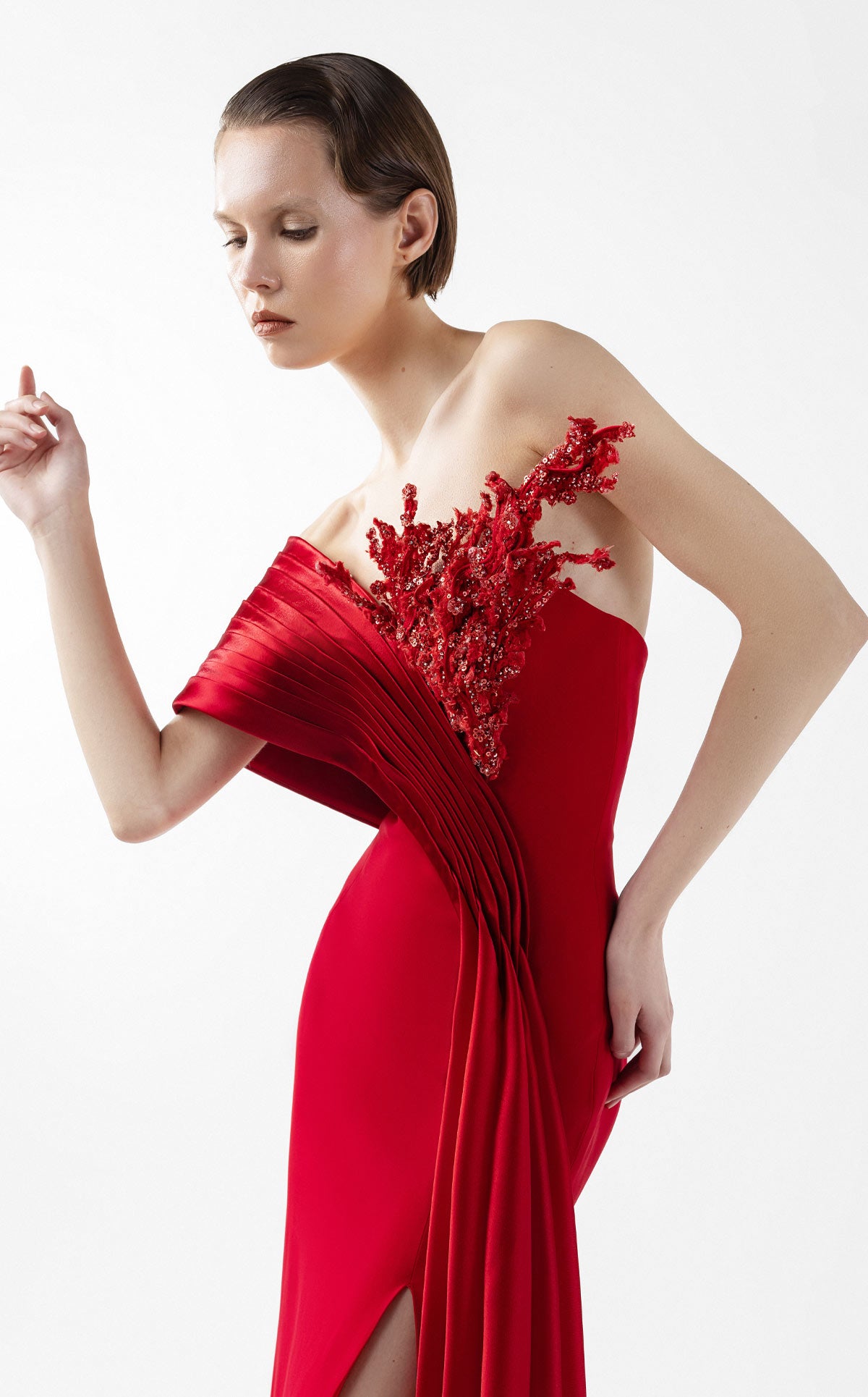 Crimson Gown with Sculpted Organza Off-Shoulder and Beaded Flame Bloom G2040