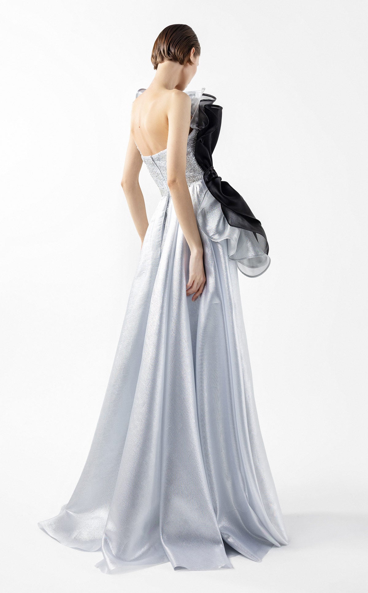 Silver Seduction Gown with Sculptural Black Organza Waves G2042