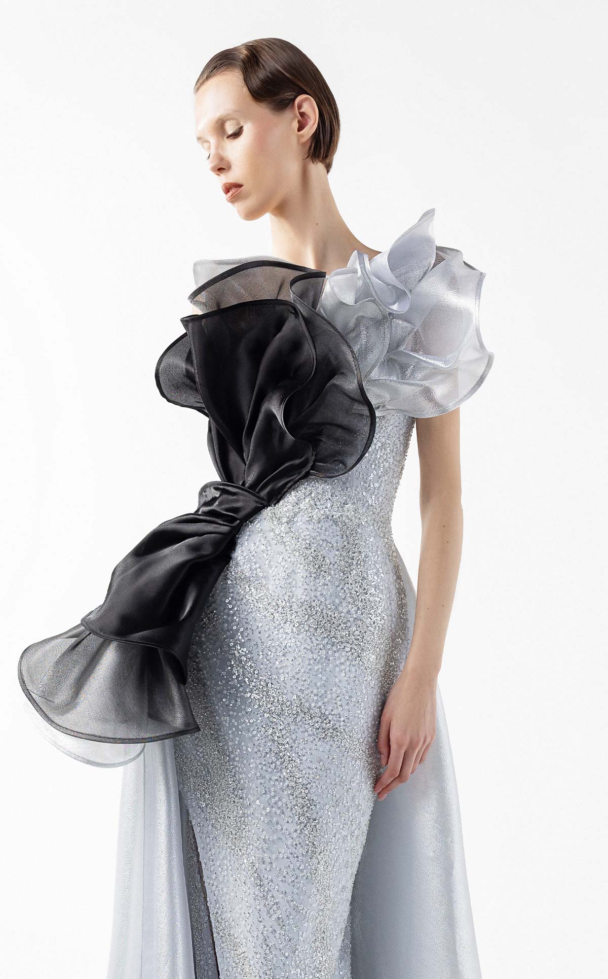 Silver Seduction Gown with Sculptural Black Organza Waves G2042