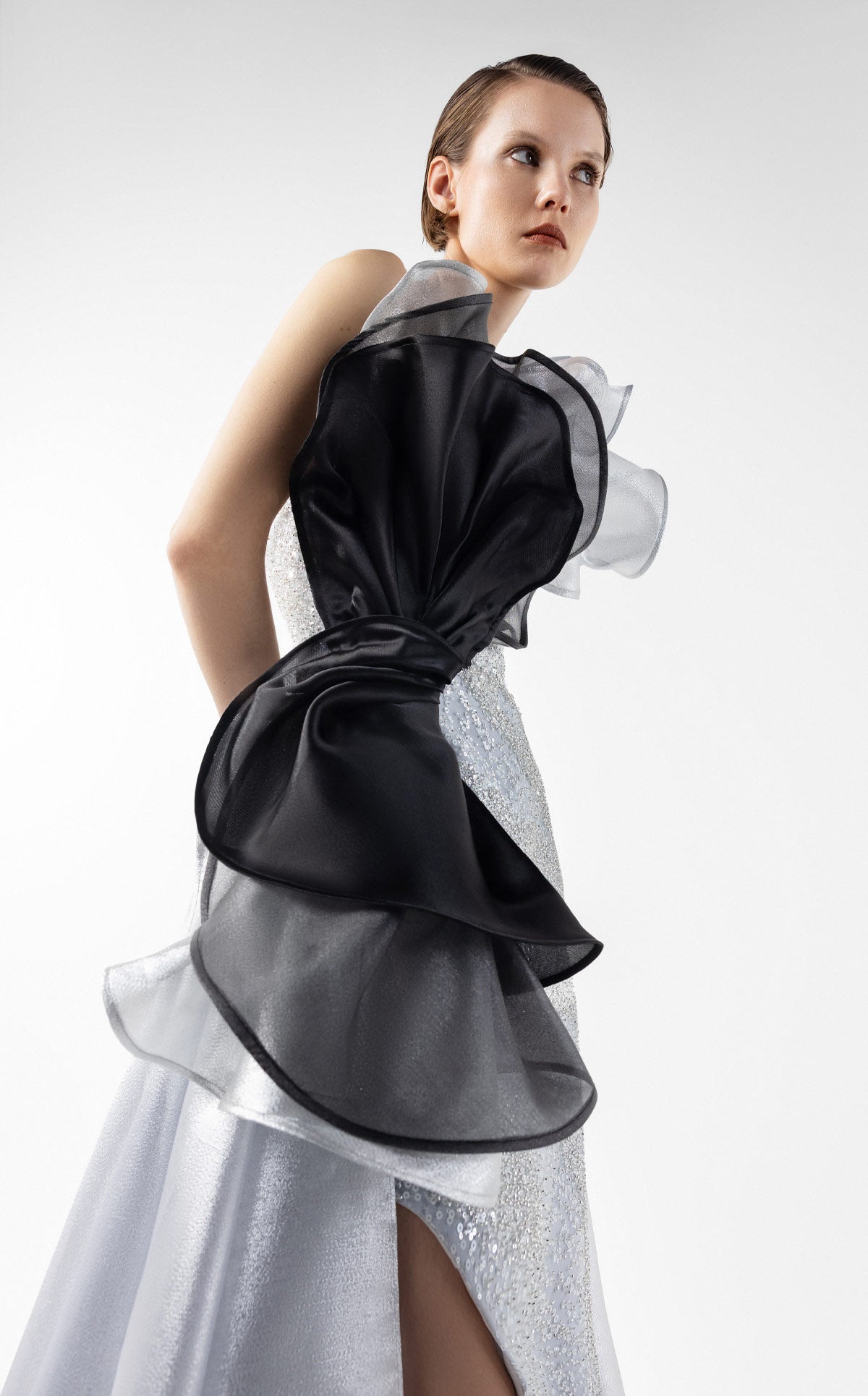 Silver Seduction Gown with Sculptural Black Organza Waves G2042