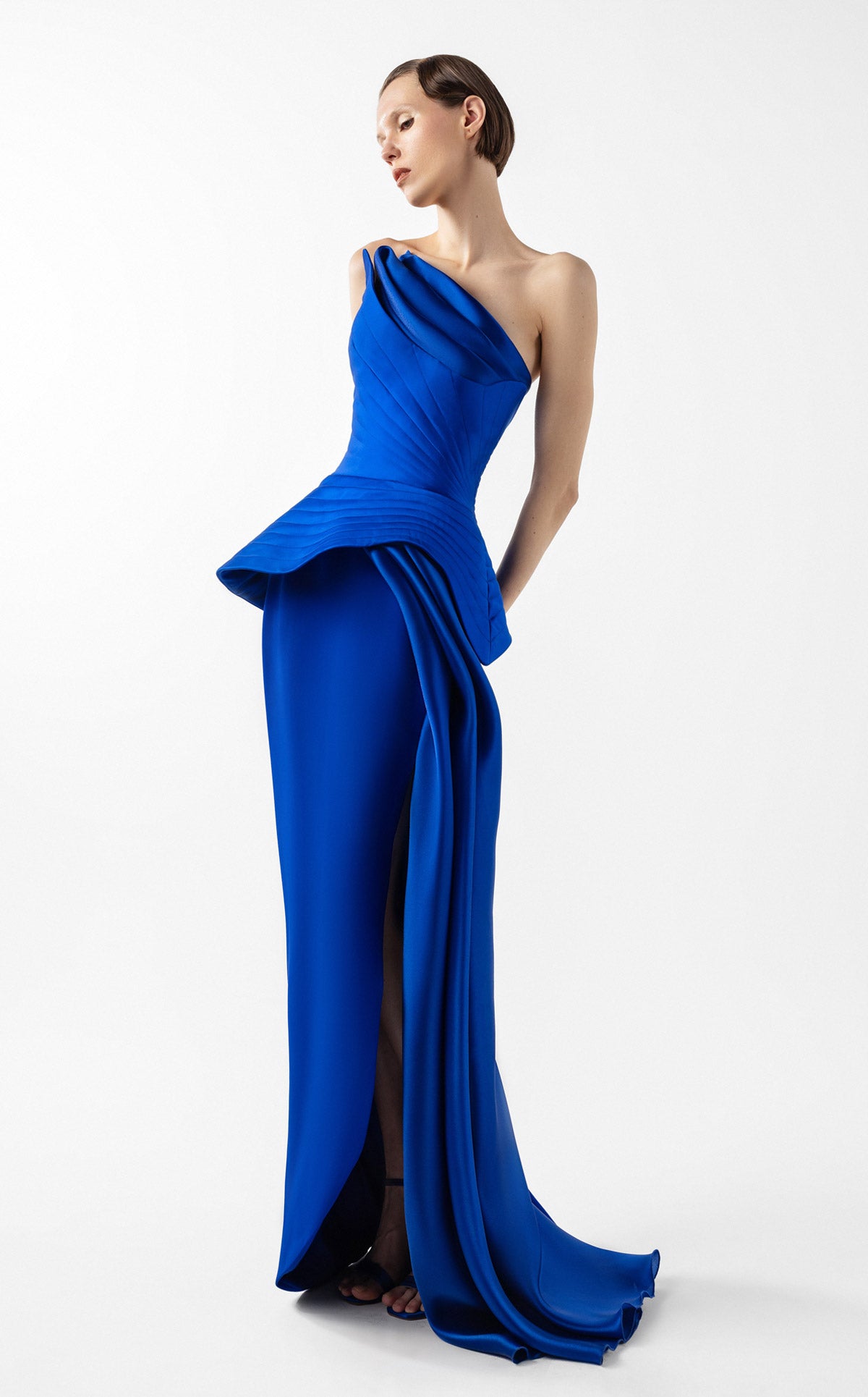 Royal Blue Corset Gown with Ribbed Peplum G2044