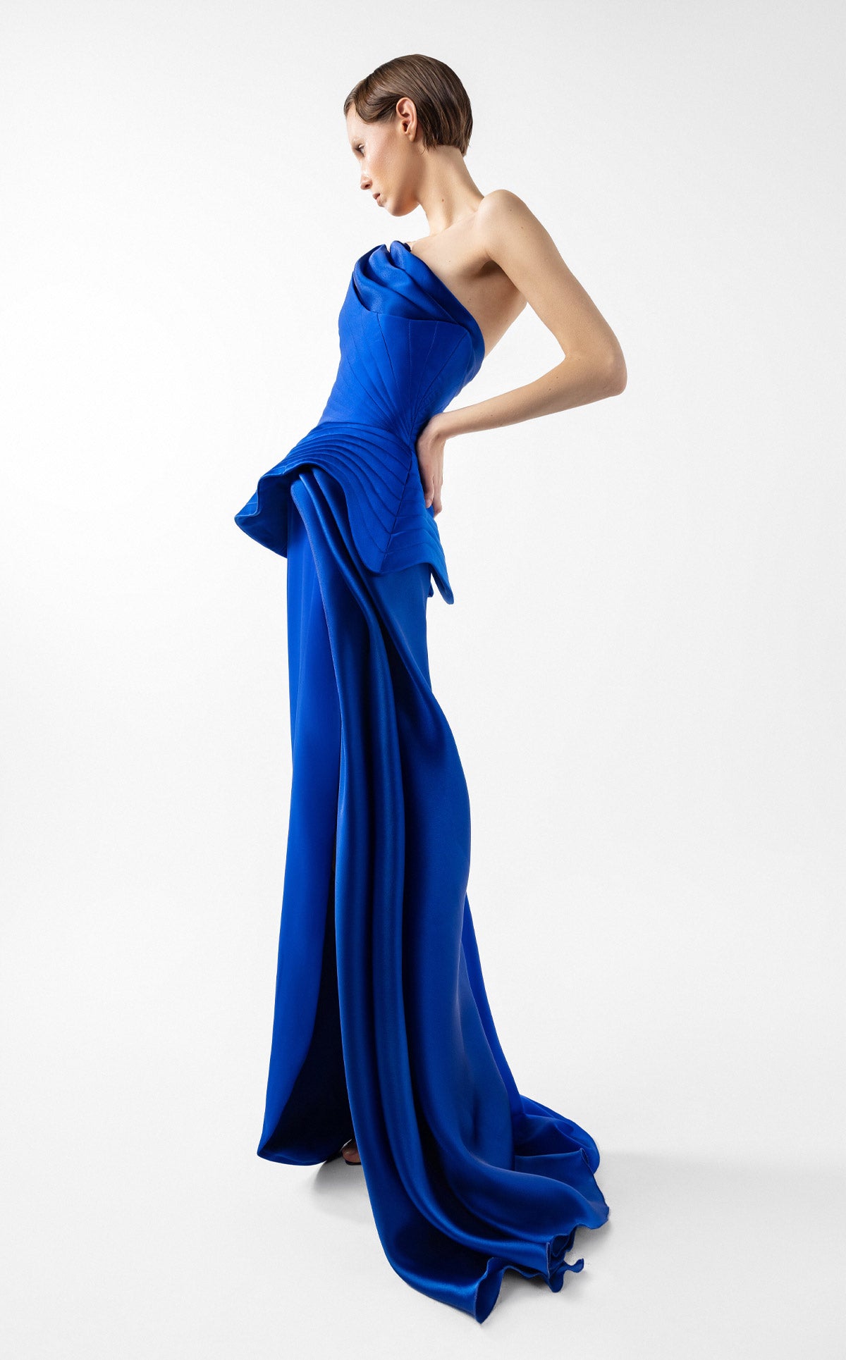 Royal Blue Corset Gown with Ribbed Peplum G2044