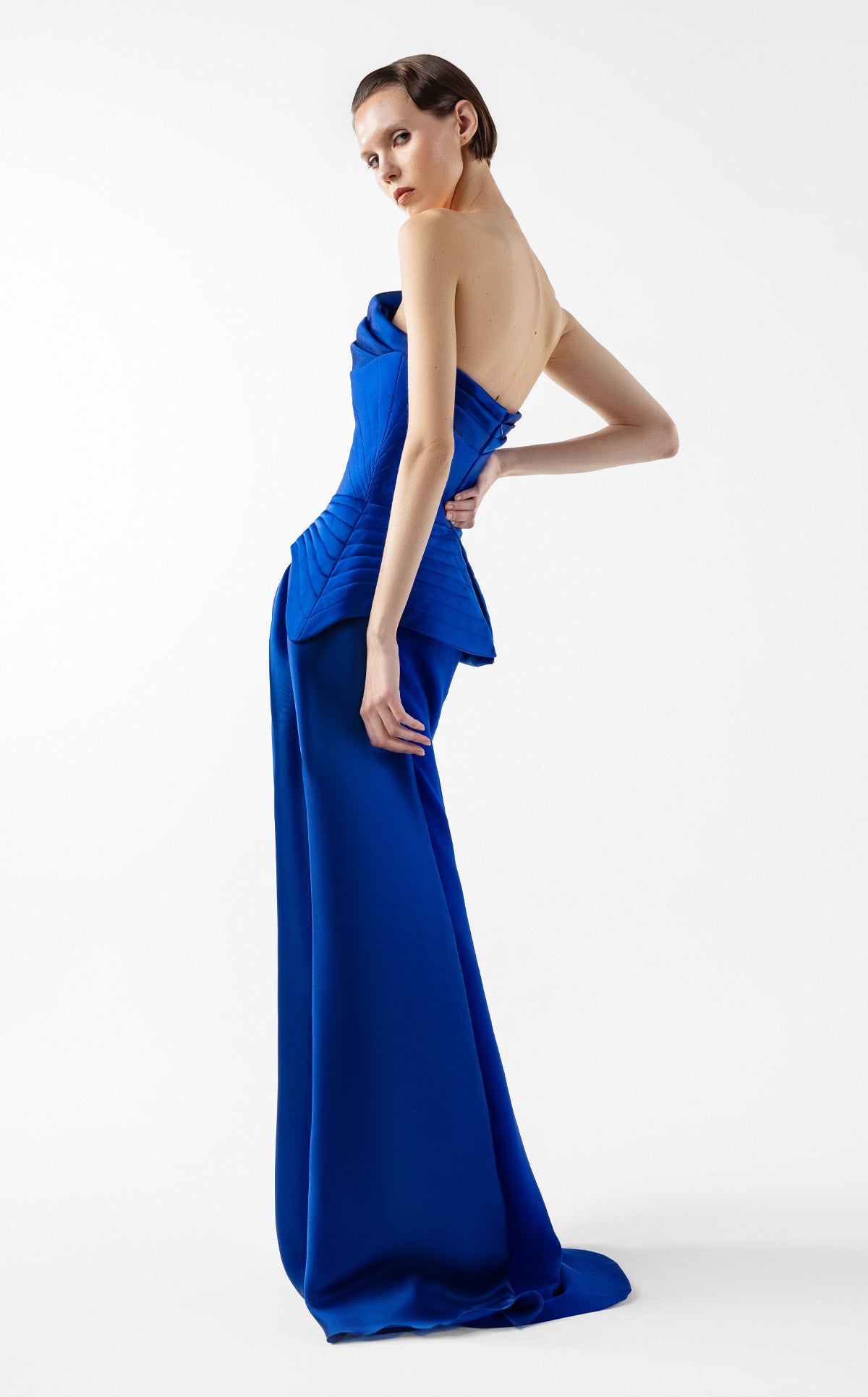 Royal Blue Corset Gown with Ribbed Peplum G2044