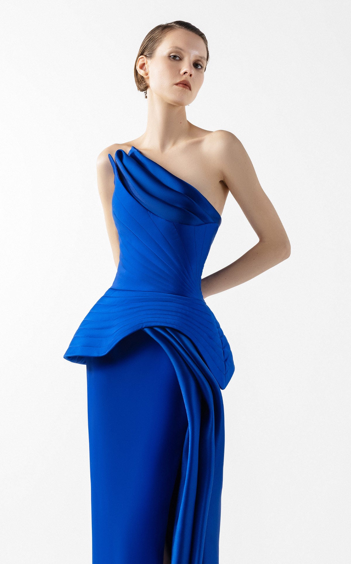 Royal Blue Corset Gown with Ribbed Peplum G2044