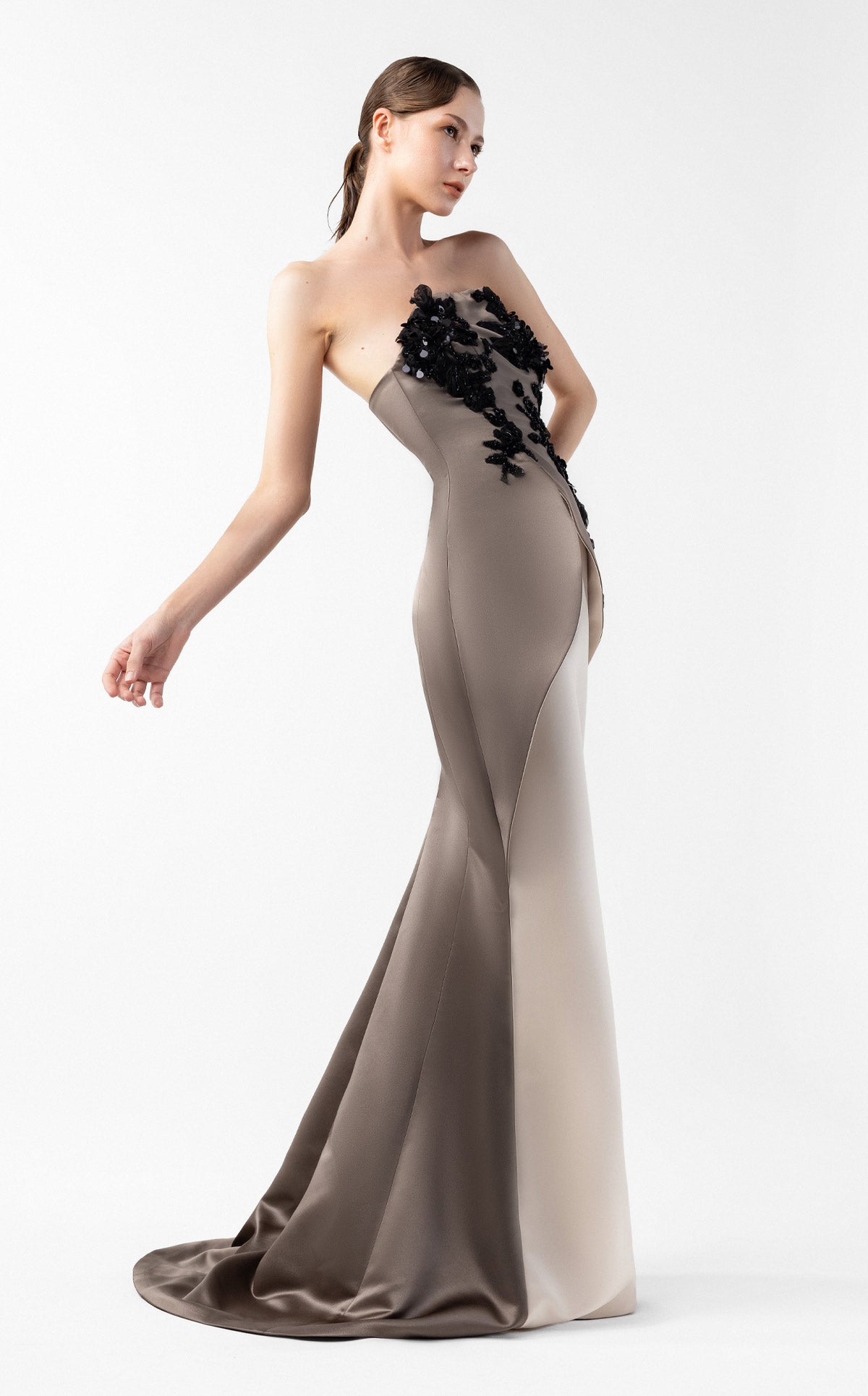 Dual-Tone Cream and Anthracite Gown with Dimensional Embroidery Overlay G2045