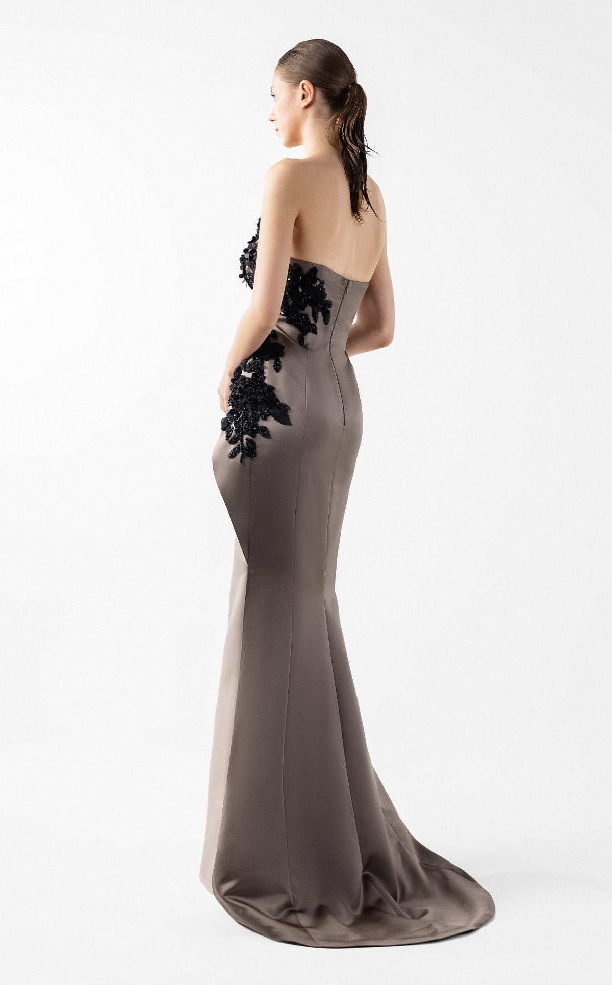 Dual-Tone Cream and Anthracite Gown with Dimensional Embroidery Overlay G2045
