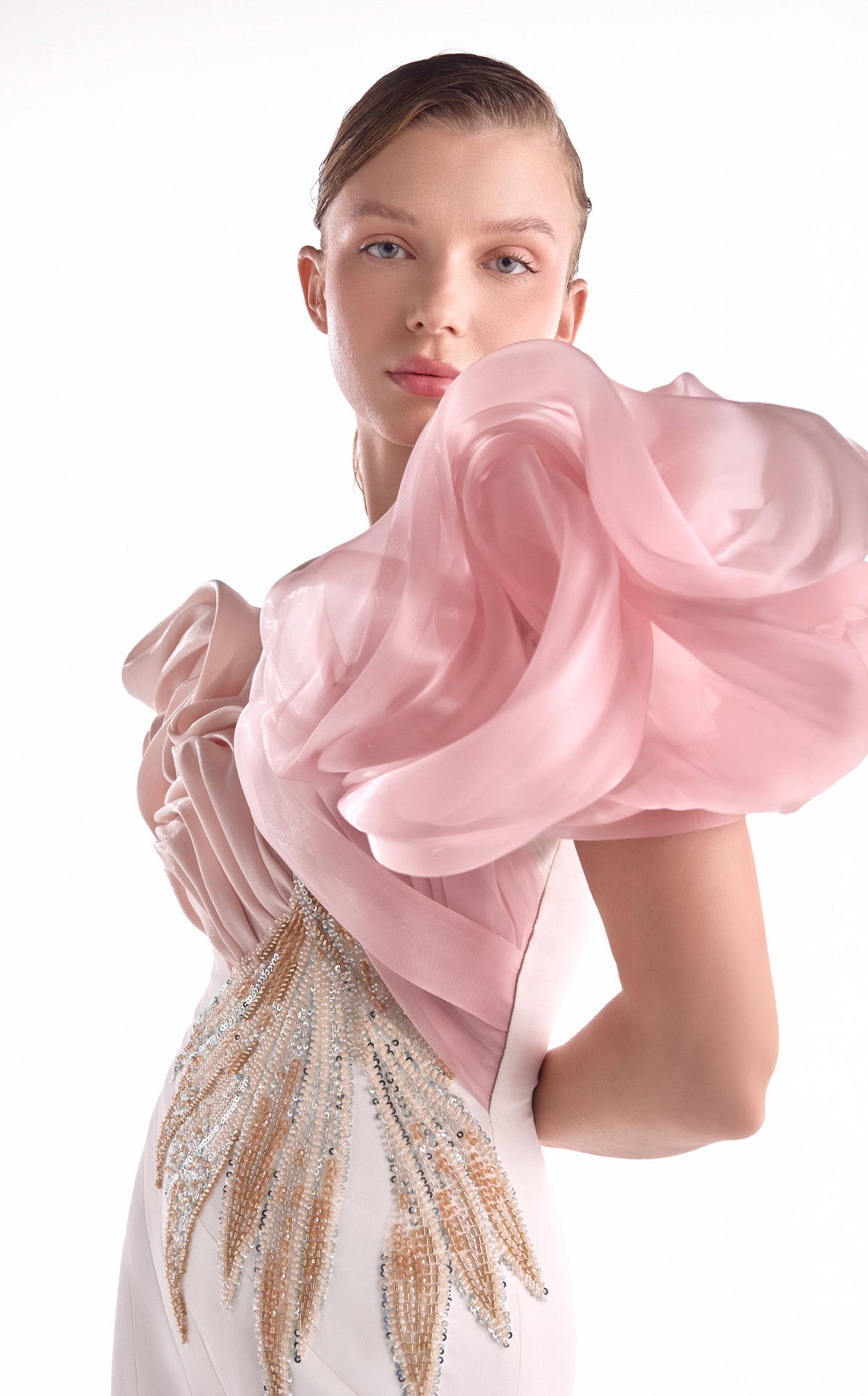 G2120 Off-White & Blush Sculpted Organza Shoulder Mermaid Gown