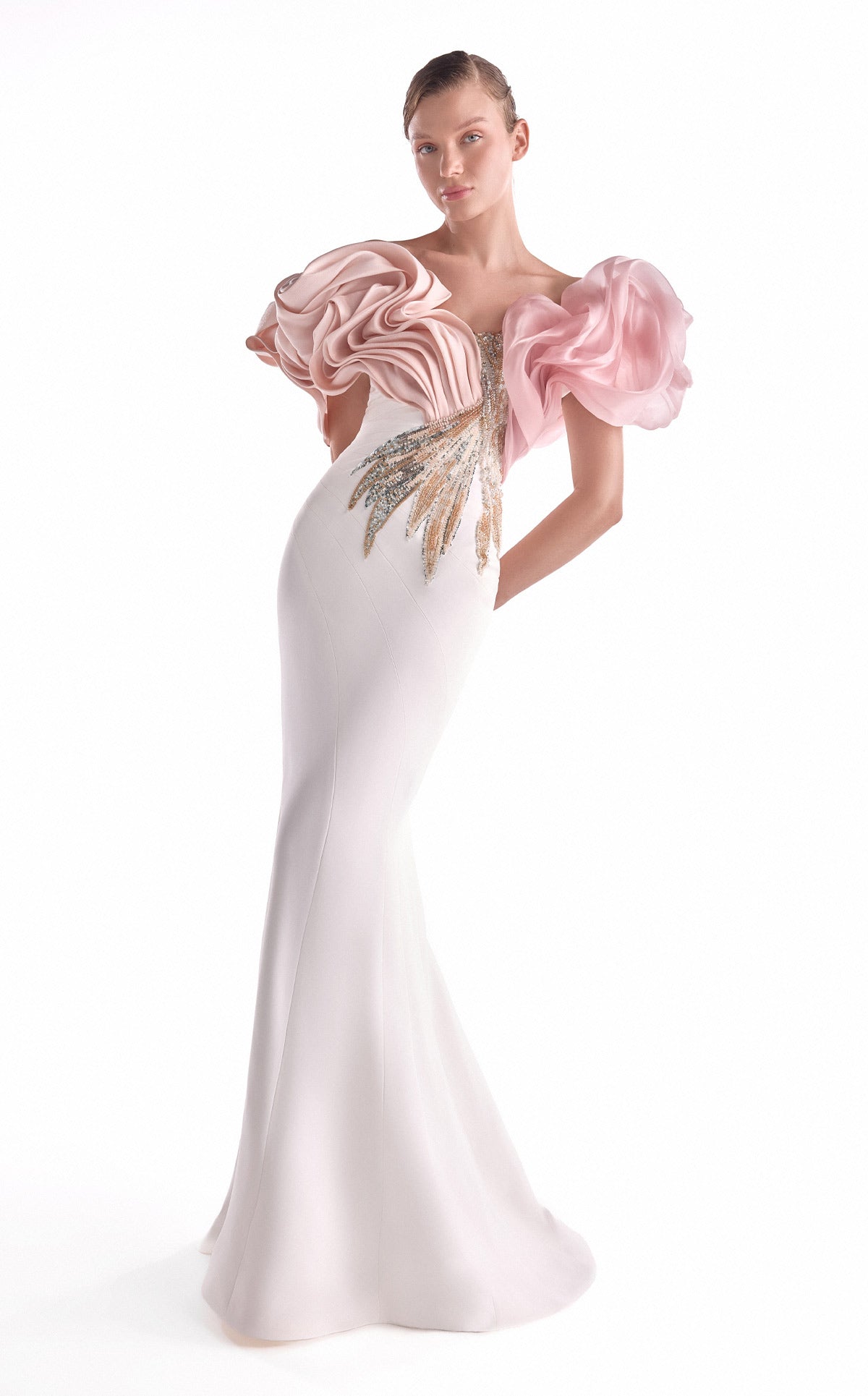 G2120 Off-White & Blush Sculpted Organza Shoulder Mermaid Gown