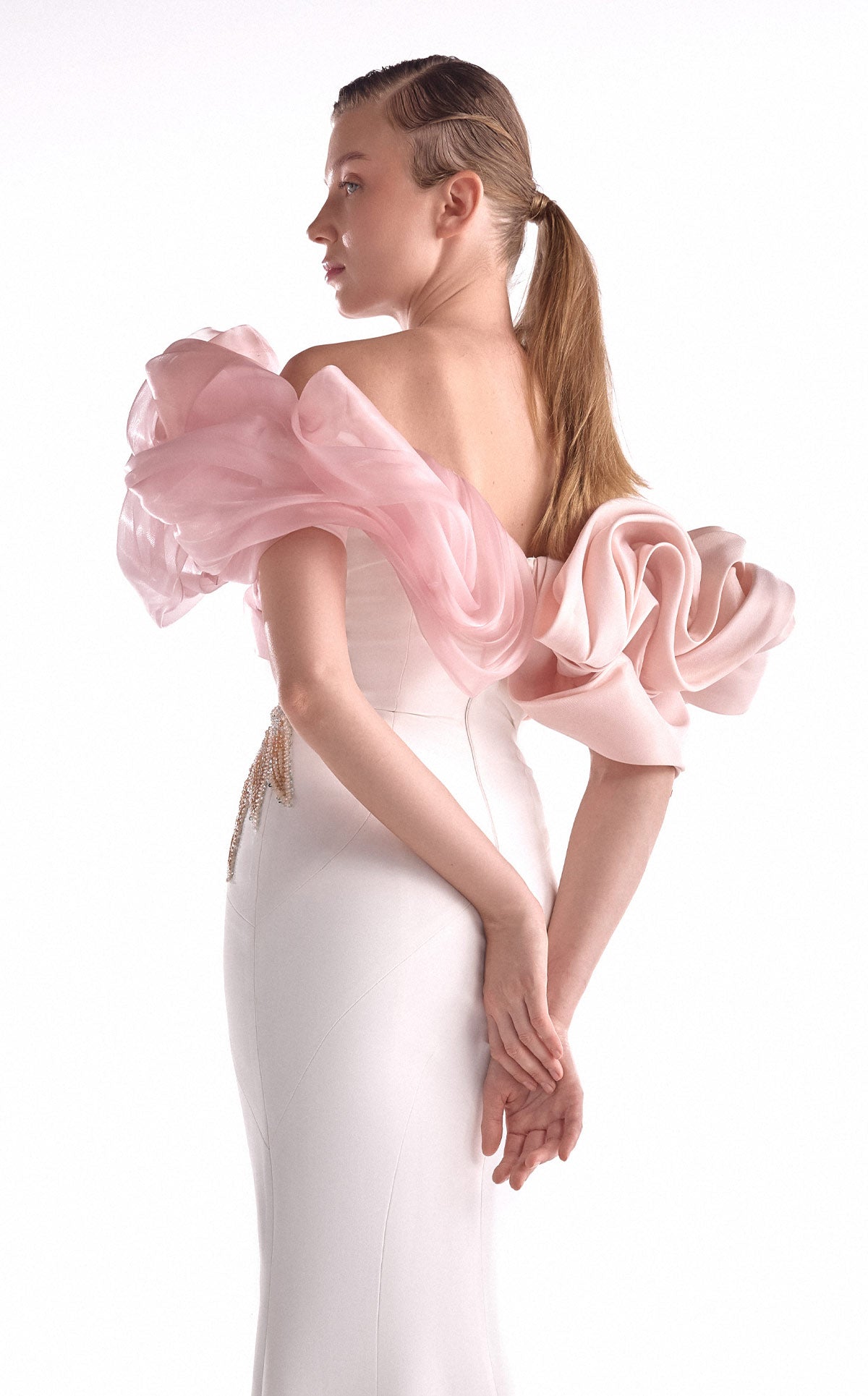 G2120 Off-White & Blush Sculpted Organza Shoulder Mermaid Gown