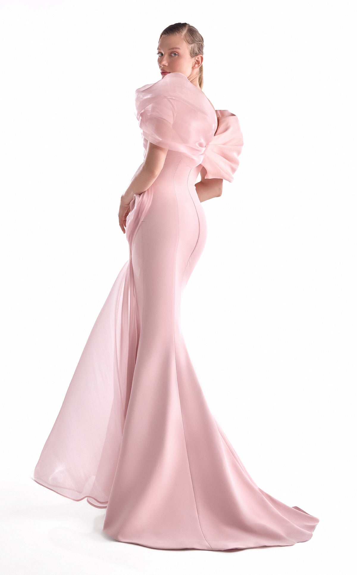 G2125 Salmon Pink Asymmetric Organza & Crepe Mermaid Evening Gown