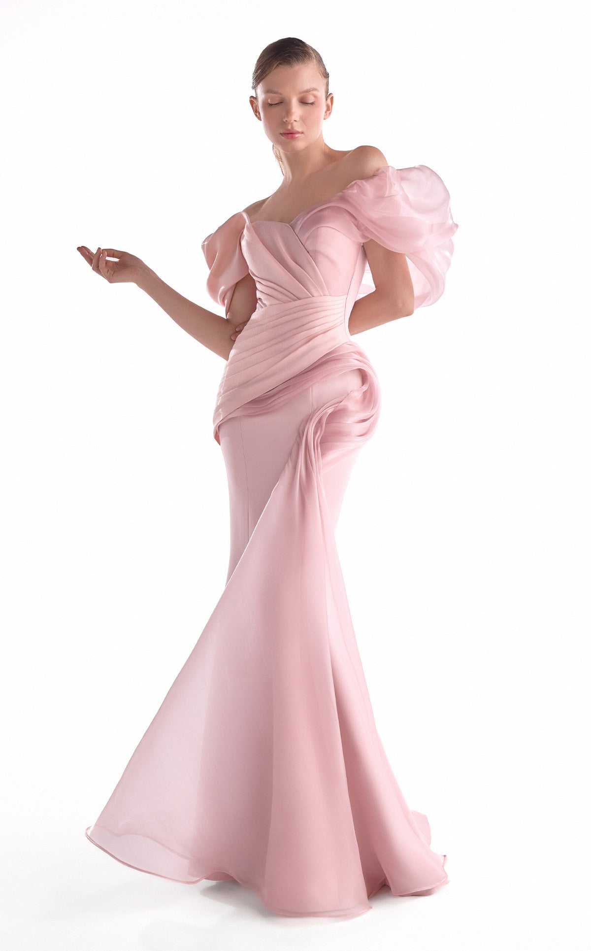 G2125 Salmon Pink Asymmetric Organza & Crepe Mermaid Evening Gown