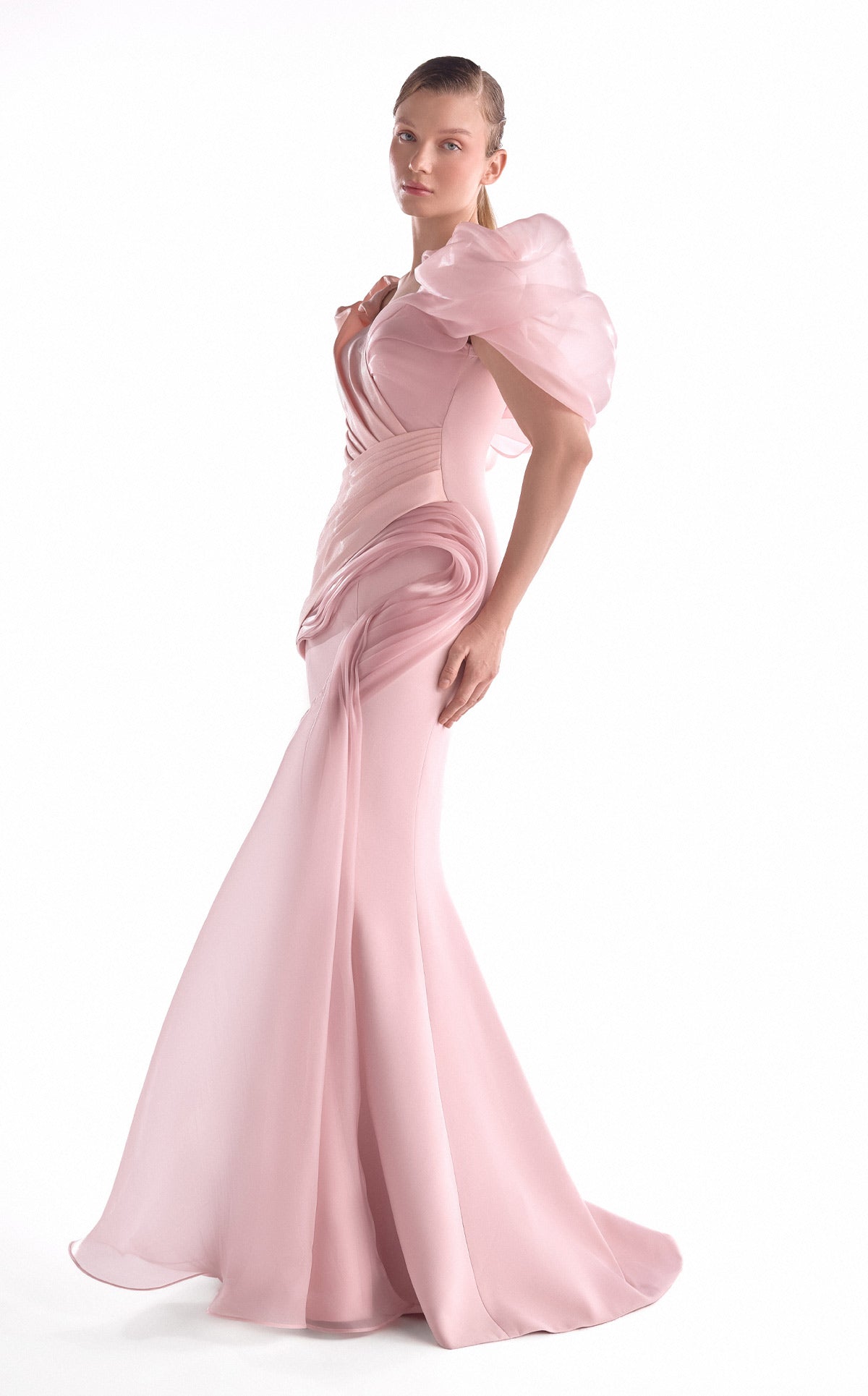 G2125 Salmon Pink Asymmetric Organza & Crepe Mermaid Evening Gown