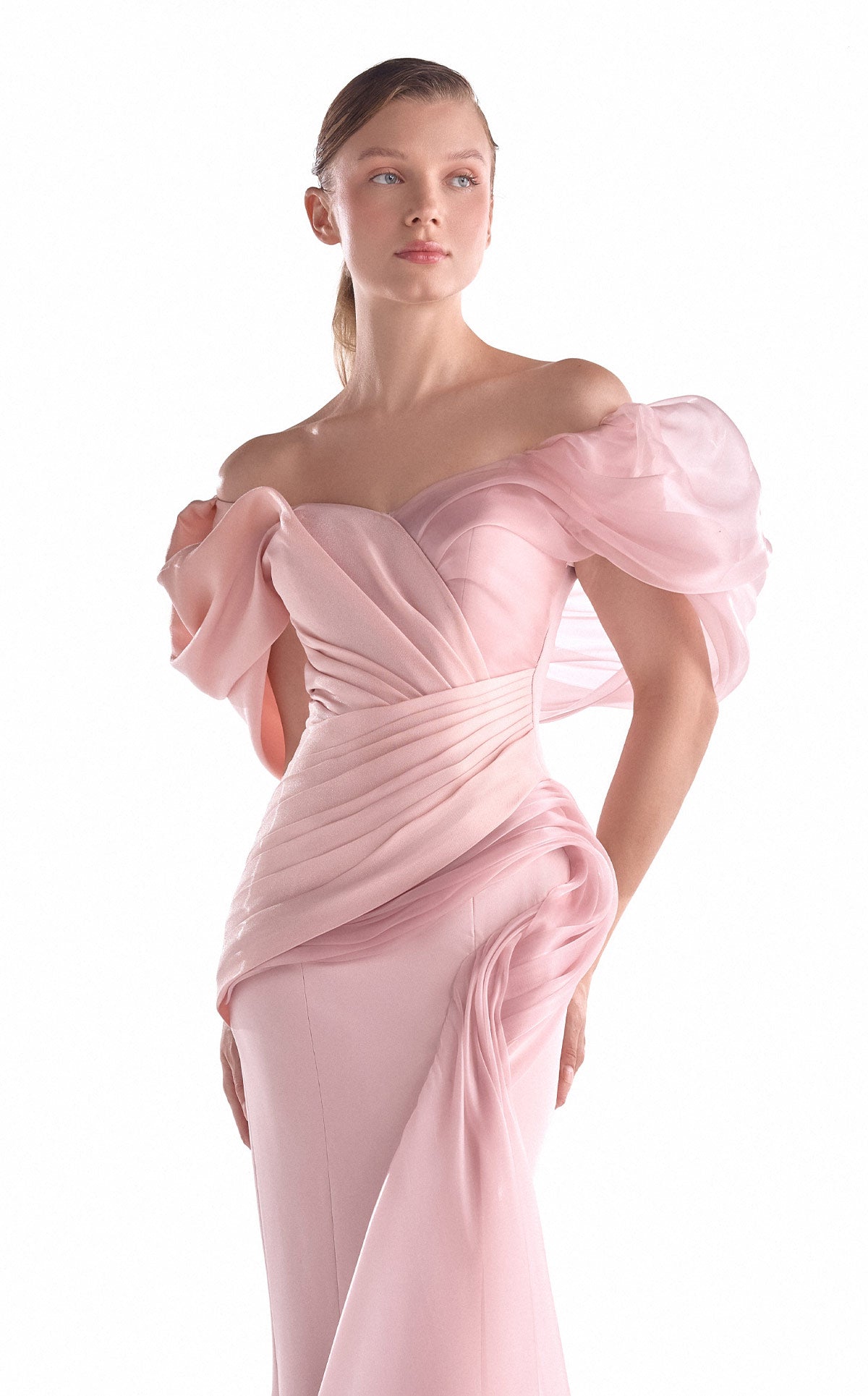 G2125 Salmon Pink Asymmetric Organza & Crepe Mermaid Evening Gown