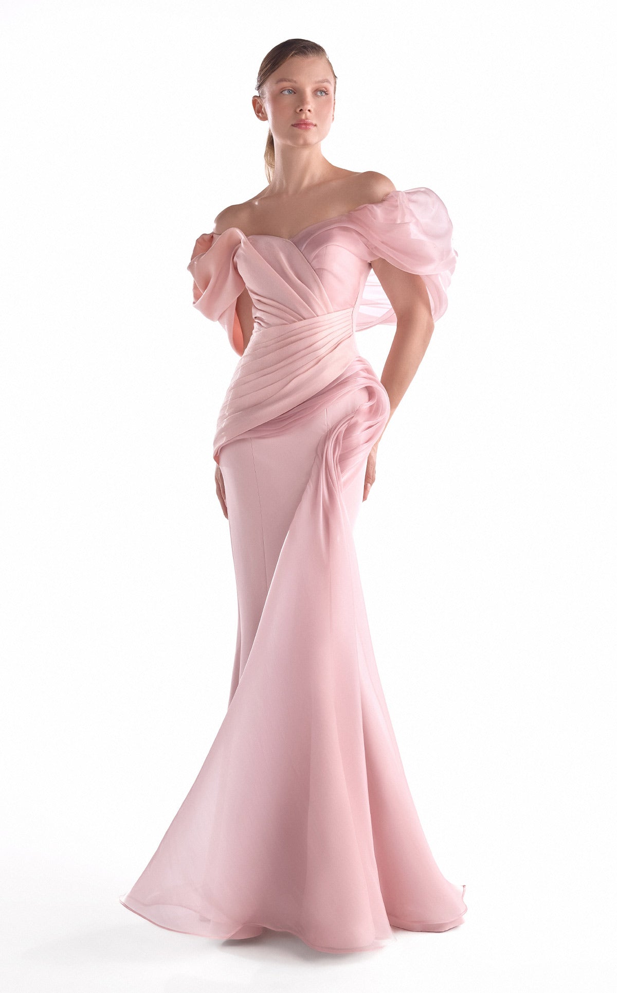 G2125 Salmon Pink Asymmetric Organza & Crepe Mermaid Evening Gown