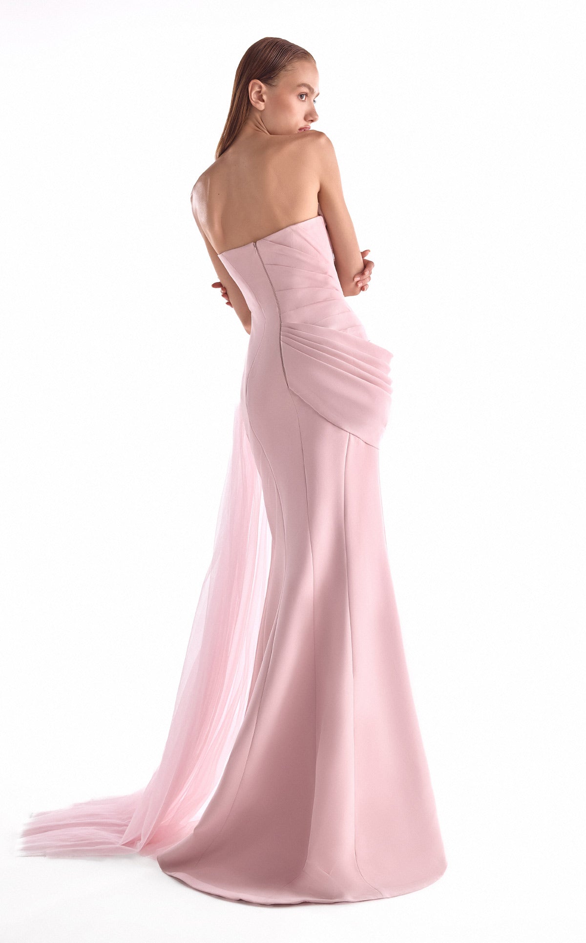 G2126 Salmon Pink Crepe & Tulle Draped Corset Evening Gown