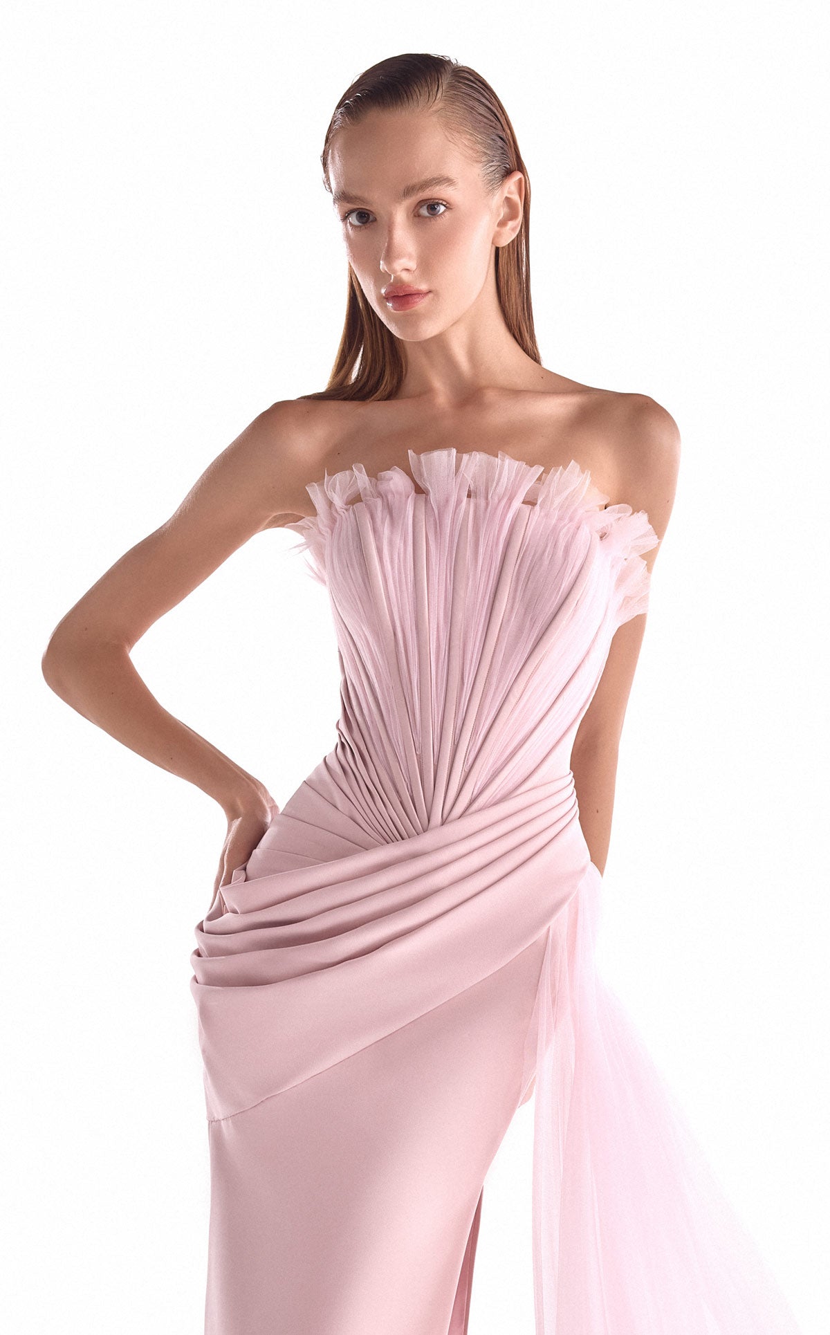 G2126 Salmon Pink Crepe & Tulle Draped Corset Evening Gown