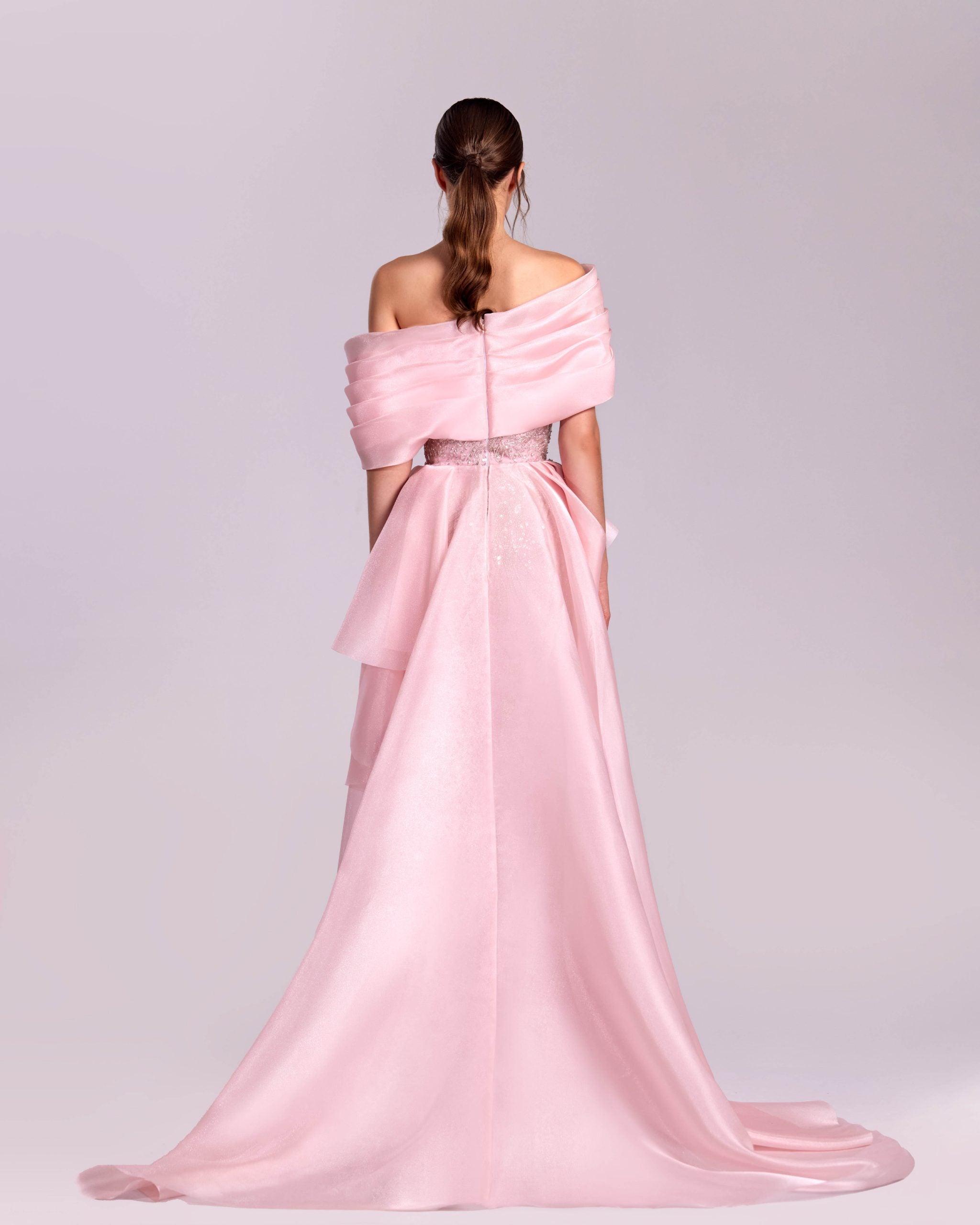Whimsical Off-Shoulders Lace and Organza Pink Dress G1829