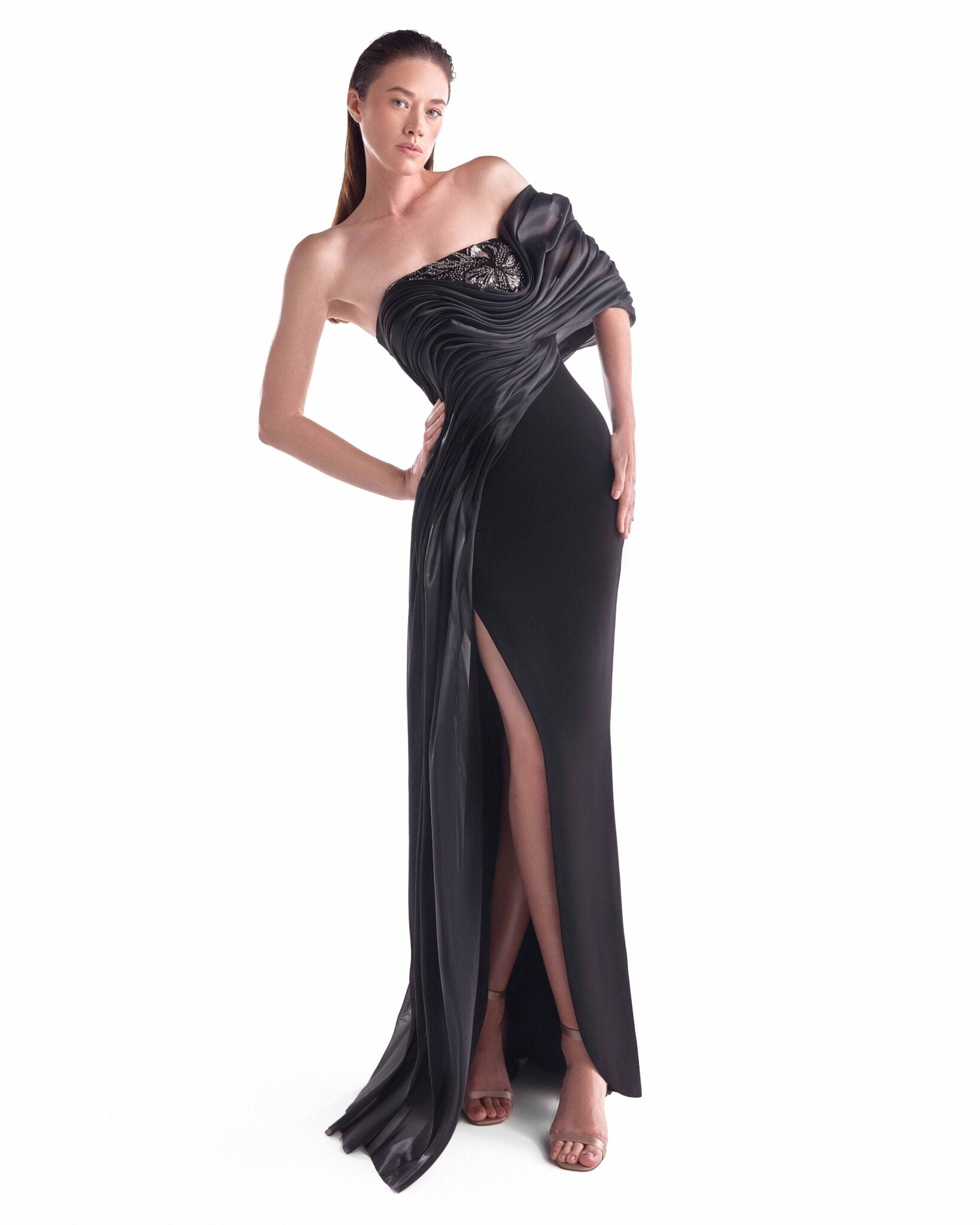 Nocturne Draped Off-Shoulder Gown G2111