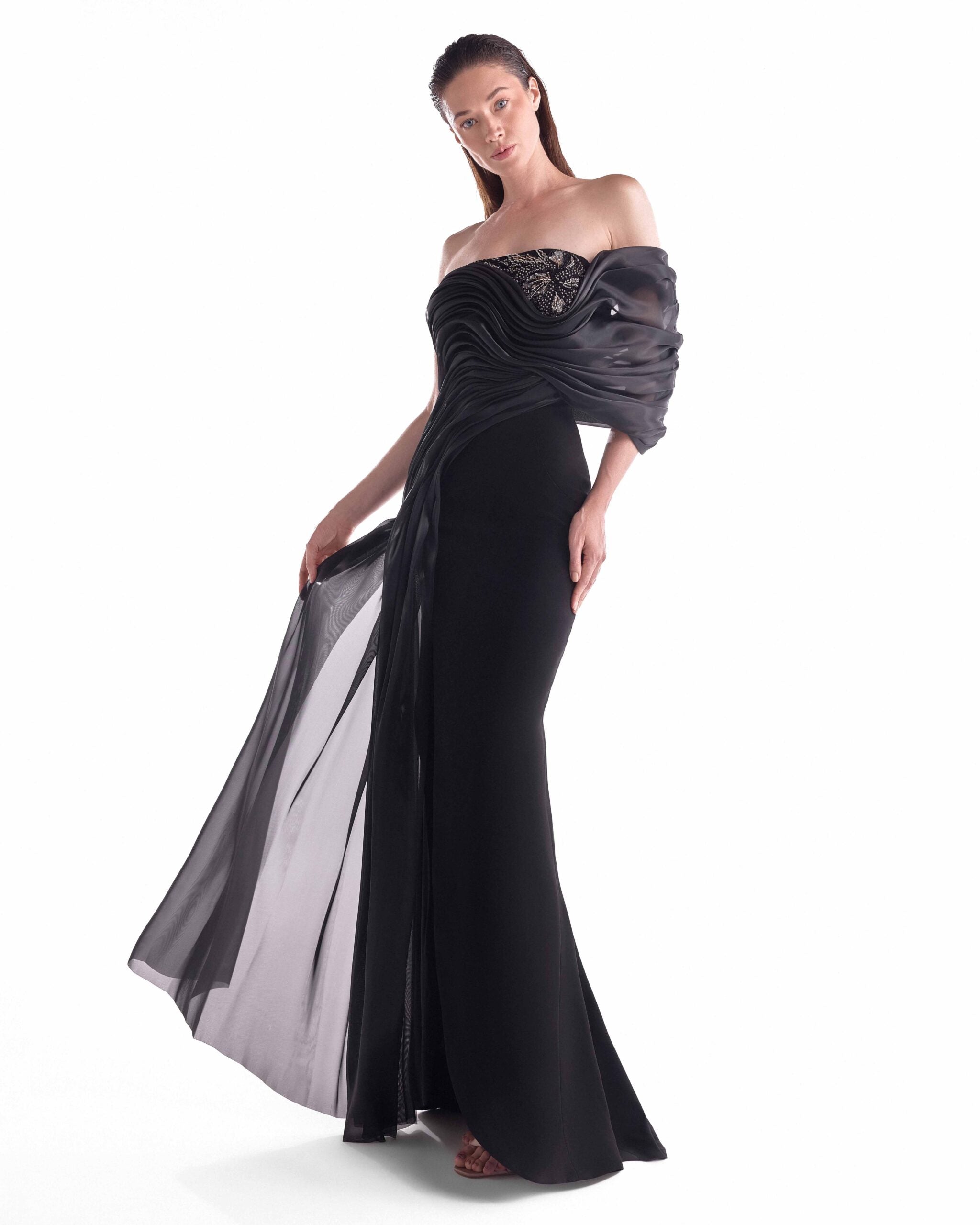 Nocturne Draped Off-Shoulder Gown G2111