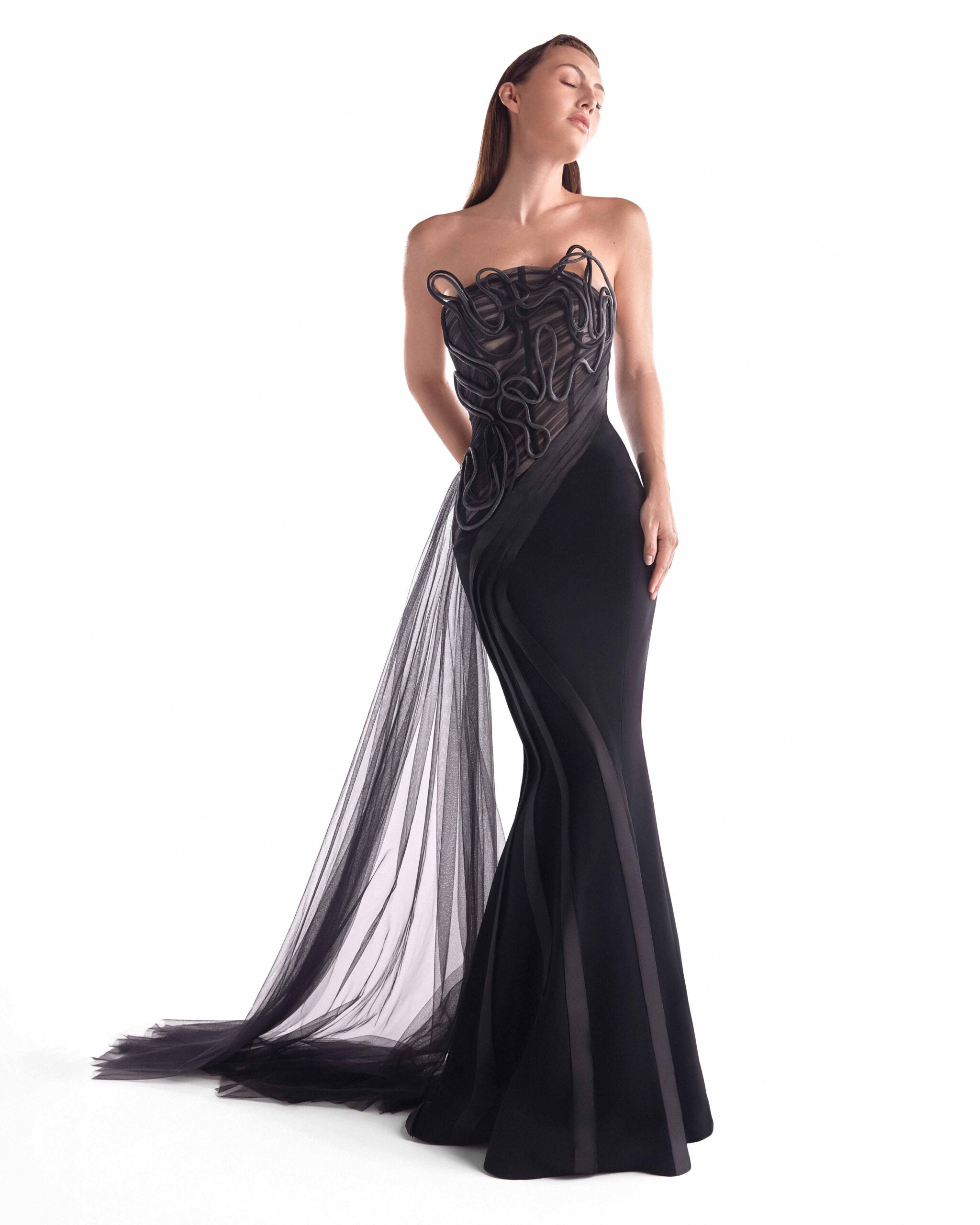 Artfully Corded Illusion Bodice Black Gown G2116