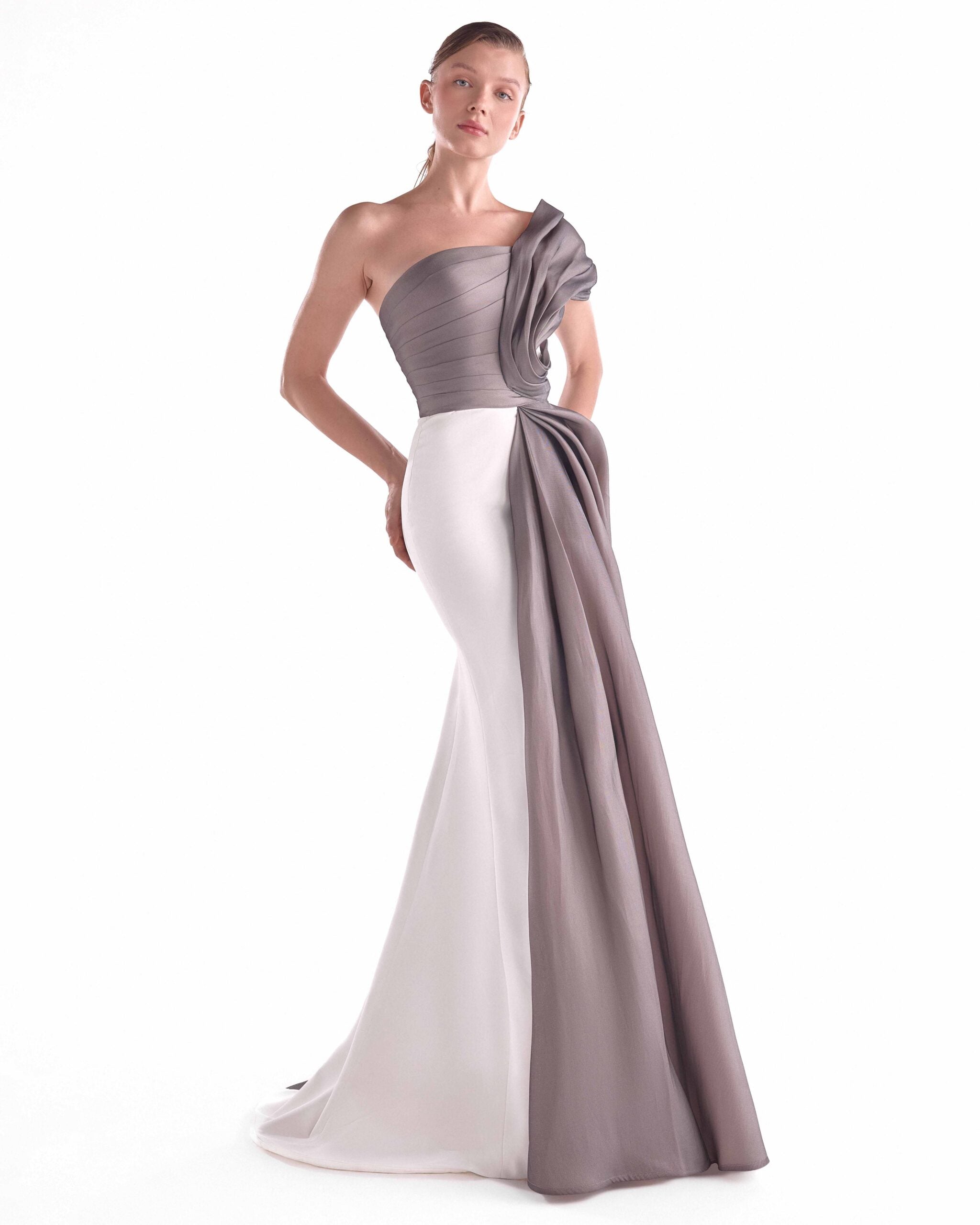 One-Shoulder Mixed Media Gown in Off-White and Anthracite G2119 One-Shoulder Mixed Media Gown in Off-White and Anthracite G2119