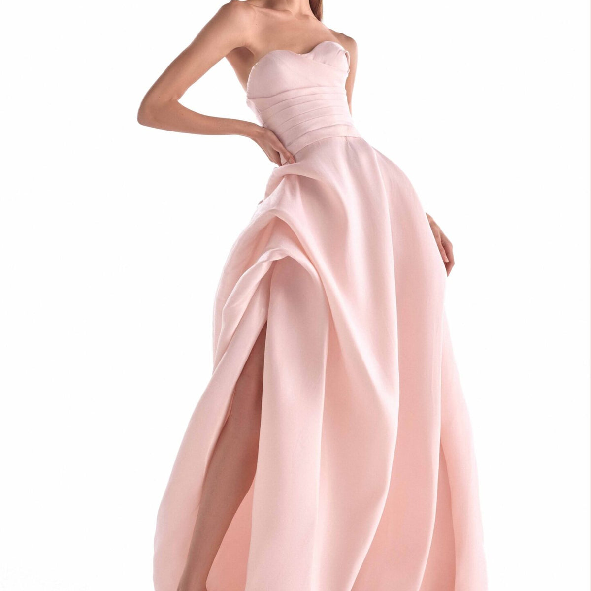Draped Bodice Salmon Pink Fluid Organza Gown G2121 Draped Bodice Salmon Pink Fluid Organza Gown G2121