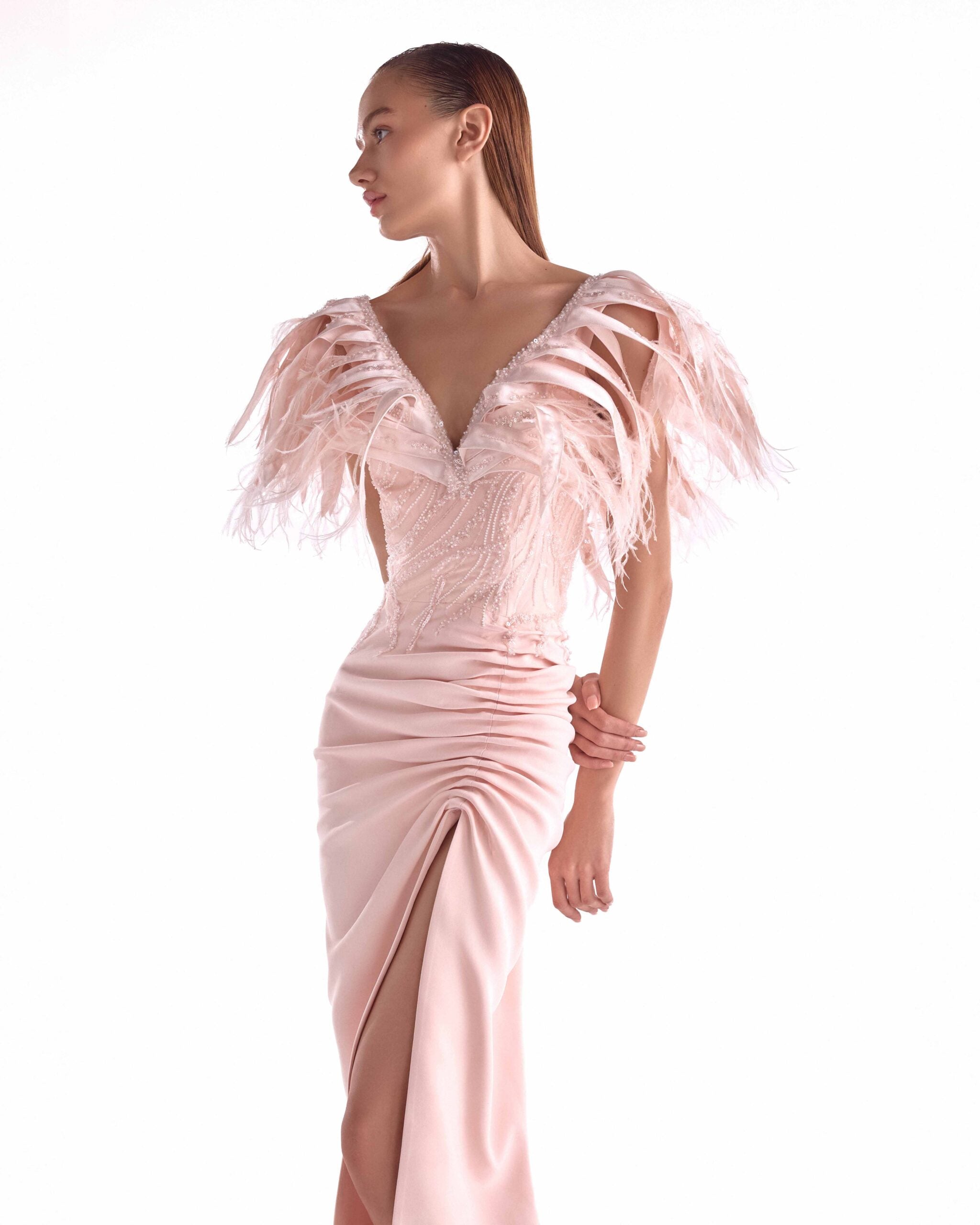 Sultry Salmon Pink Embellished Gown with Gathered Slit Skirt G2122