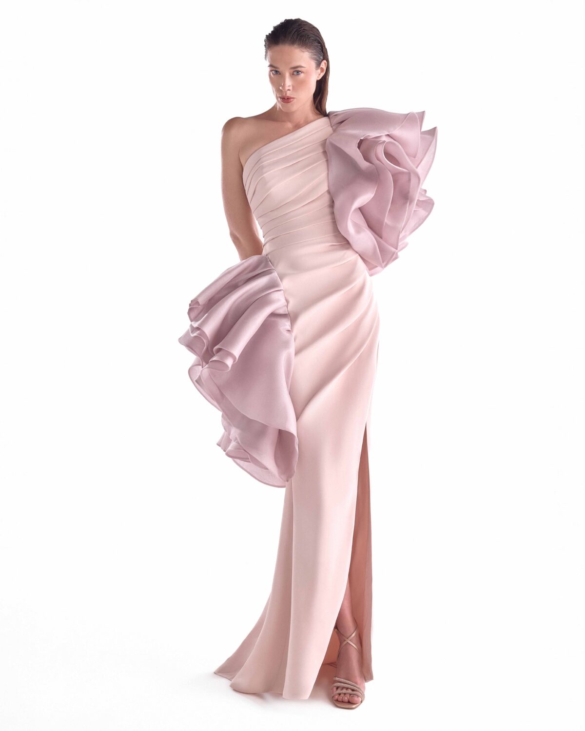 Salmon Pink Crepe Gown with Sculptural Organza Flourishes G2124