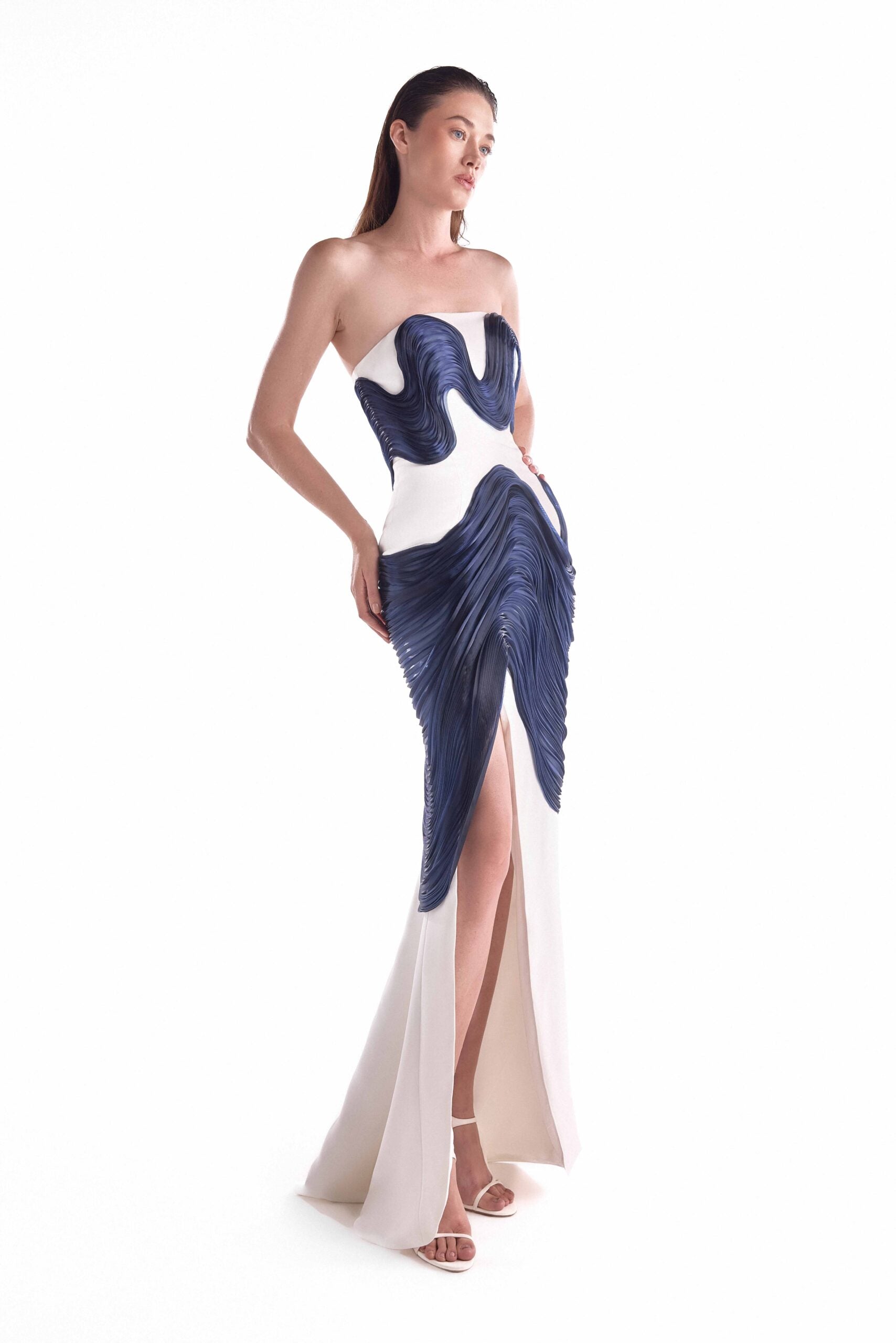 royal blue white dress Ocean Etched Off-White Dress, with Royal Blue Fluid Organza Sculpture