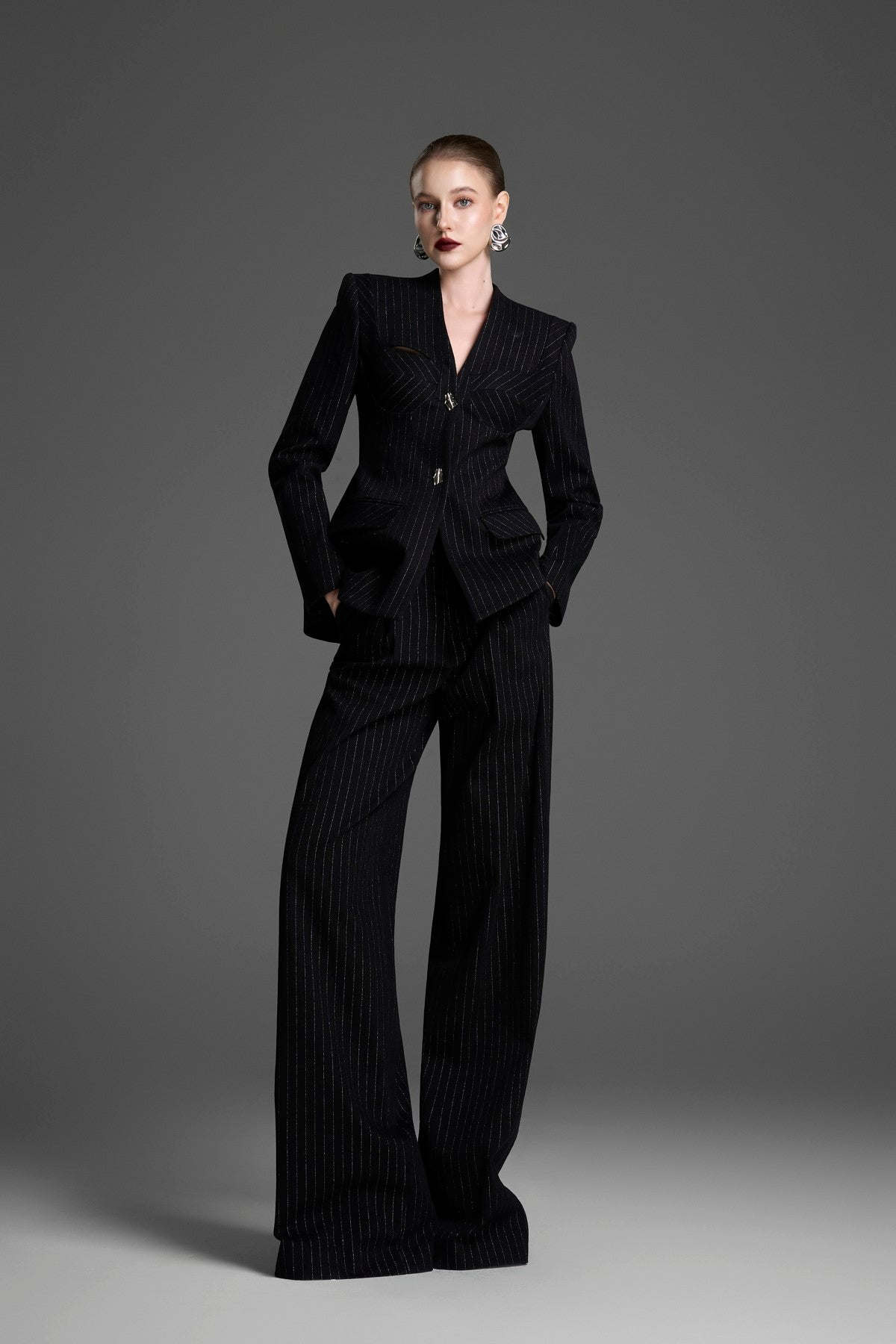 Collarless Pinstripe Blazer with a Chest Cutout and Corset Detailing