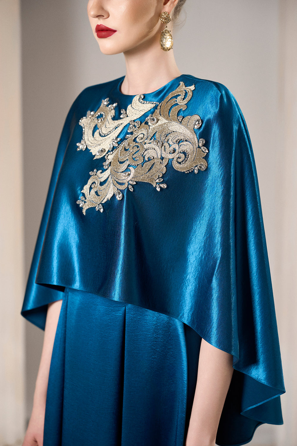 Dress Sapphire silk dress, elegant tiered cape effect