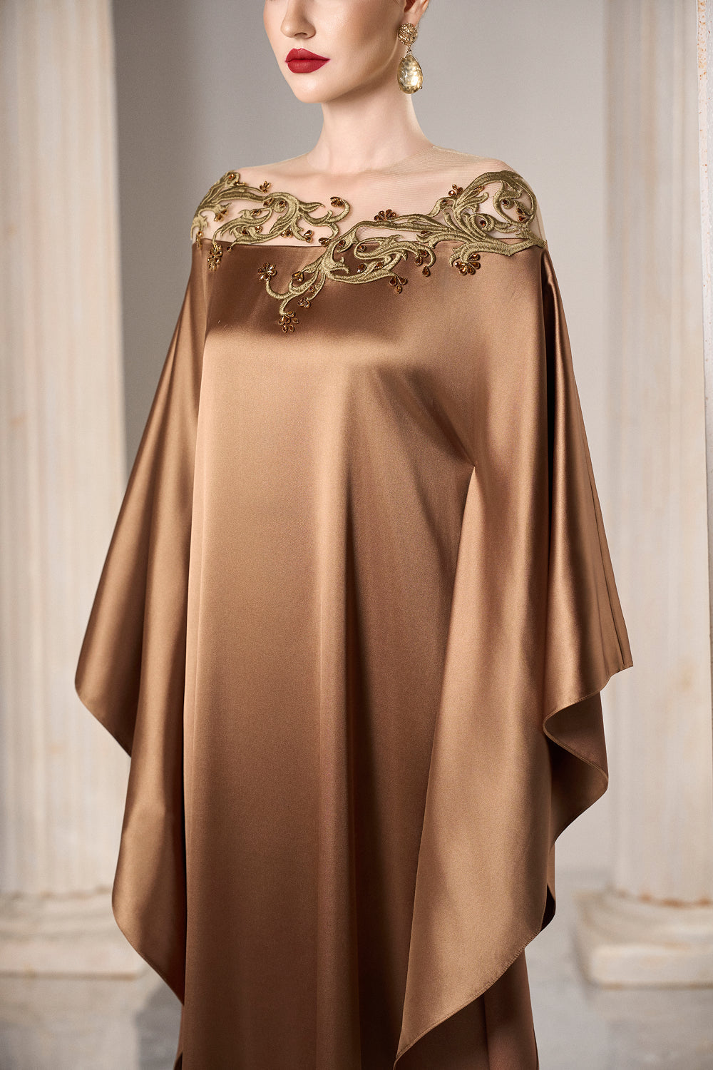 Dress Off-shoulder silk caftan, gold embroidery detail