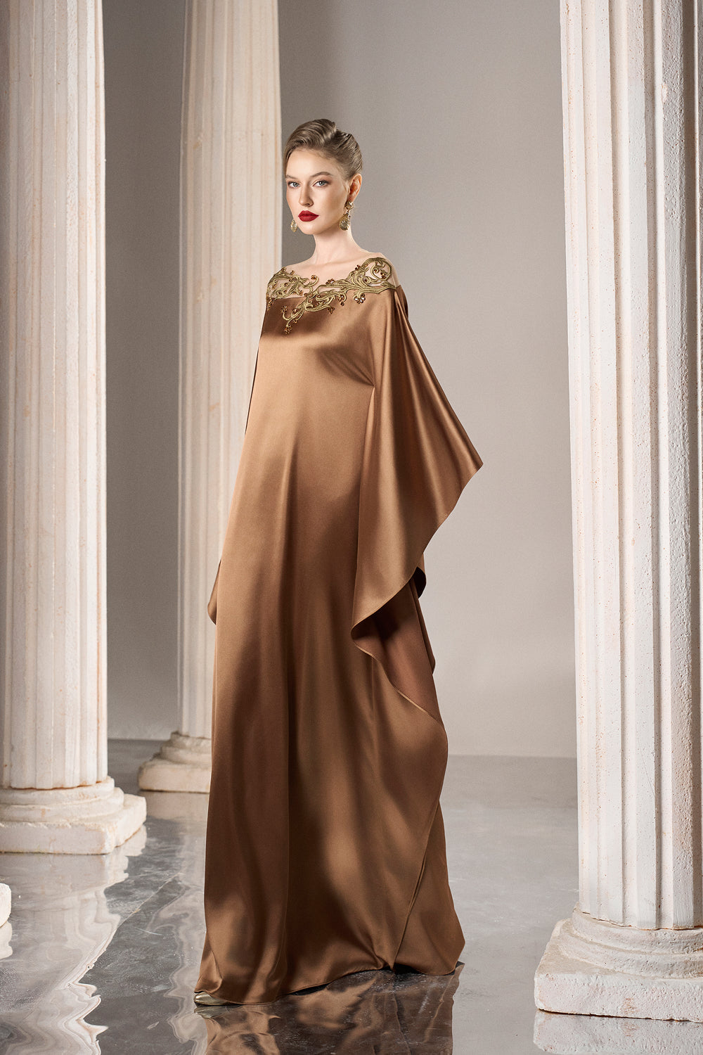 Dress Off-shoulder silk caftan, gold embroidery detail