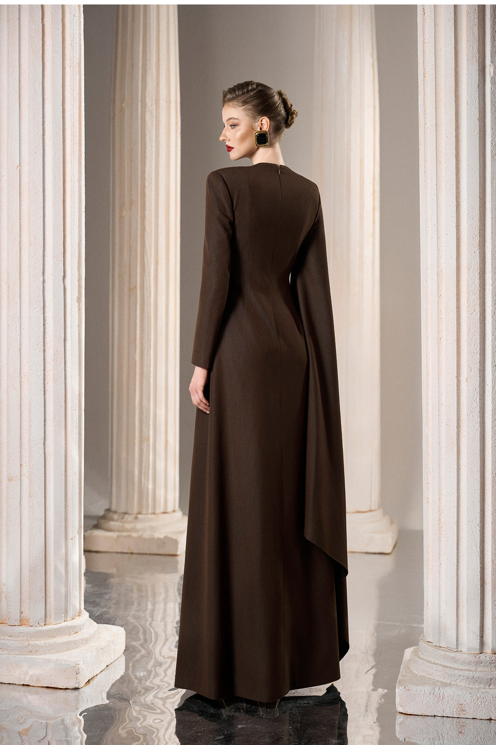 Dress Fitted column gown, draped neck, dramatic side cape