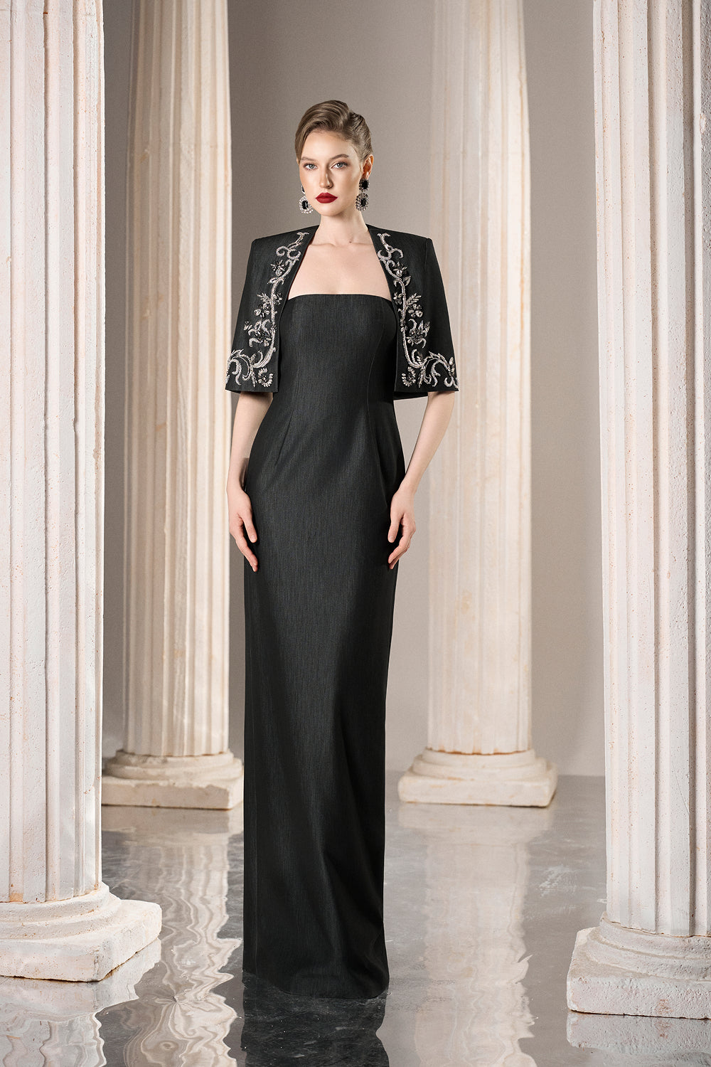 Dress Strapless column dress, tailored silver-beaded jacket