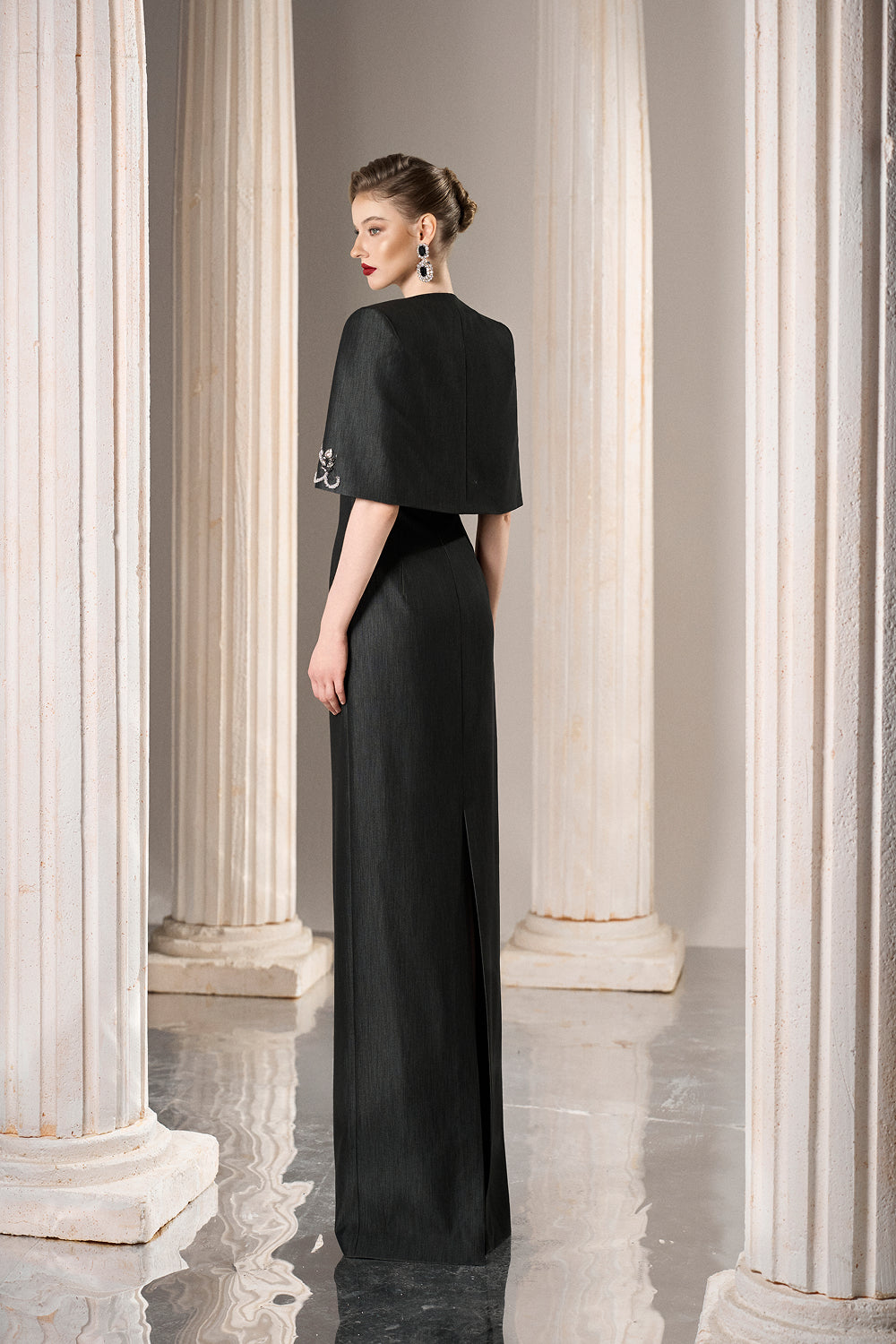 Dress Strapless column dress, tailored silver-beaded jacket