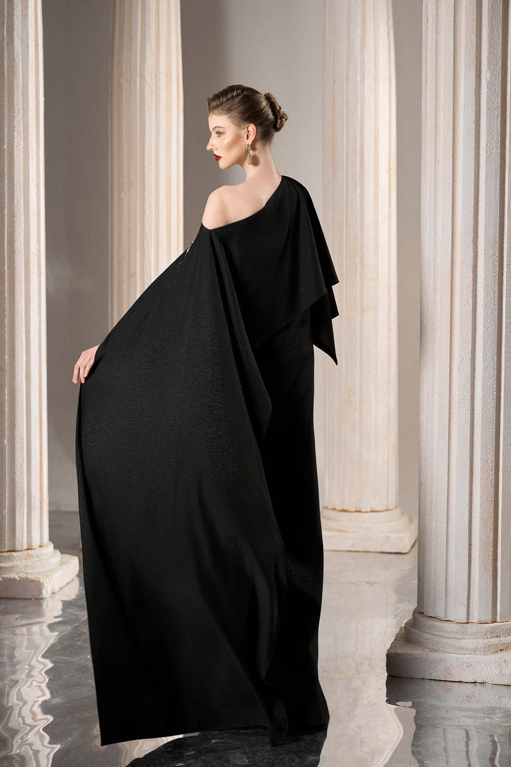 Dress Asymmetric black gown, single shoulder, layered cape effec