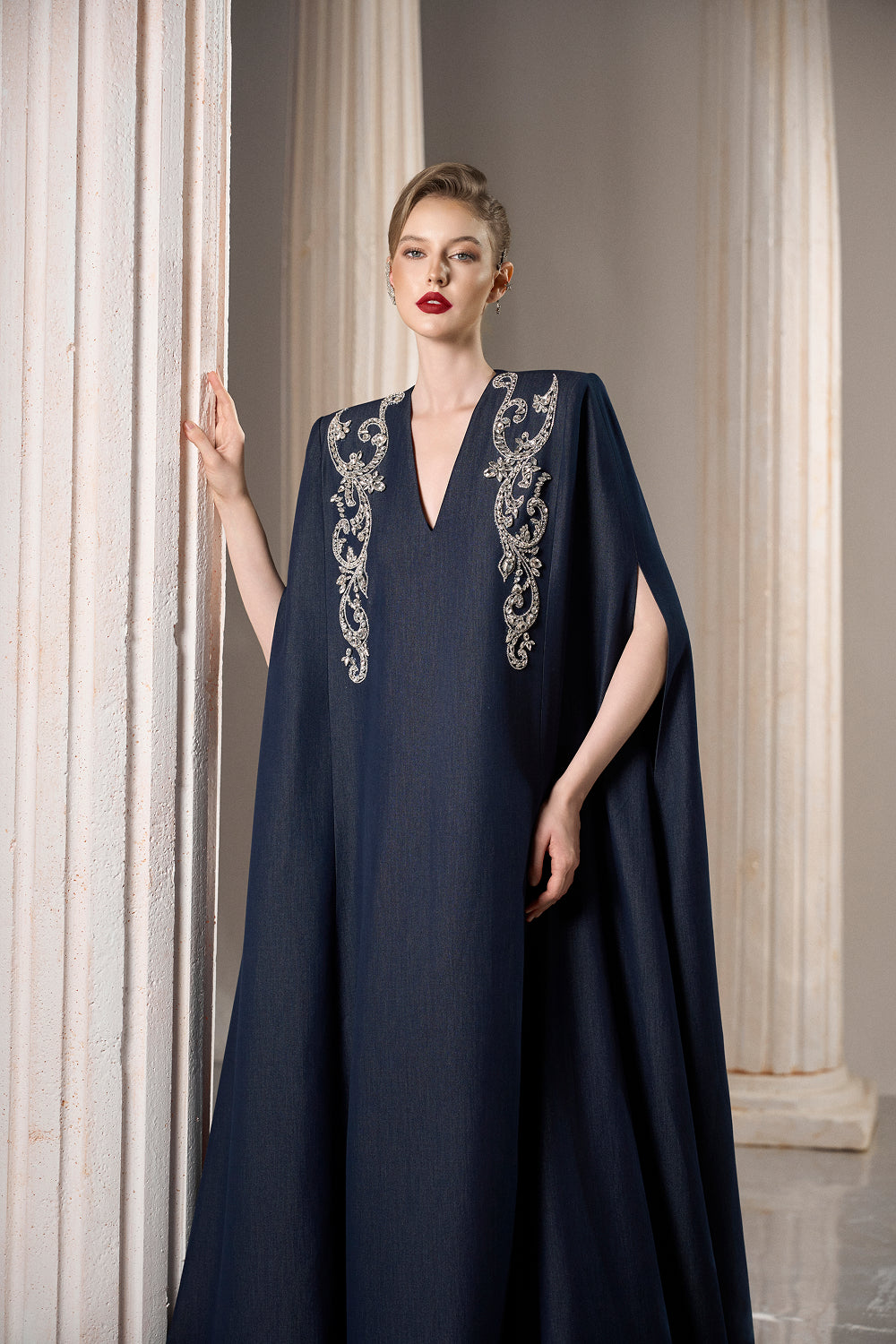 Dress Denim caftan-style dress, silver shoulder embellishment