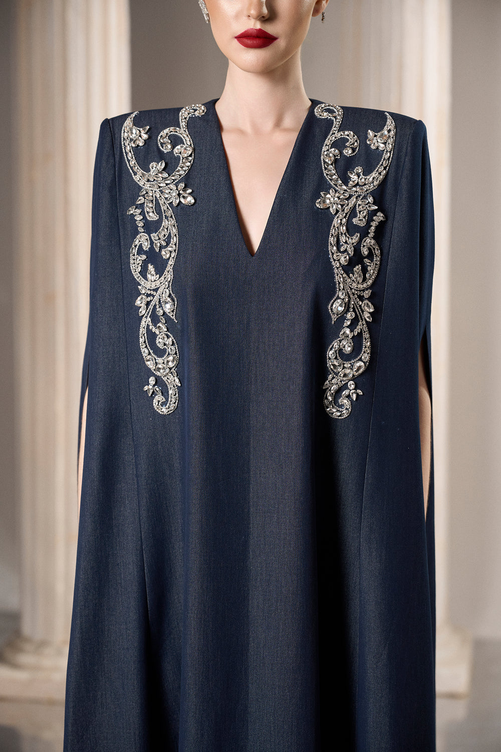 Dress Denim caftan-style dress, silver shoulder embellishment